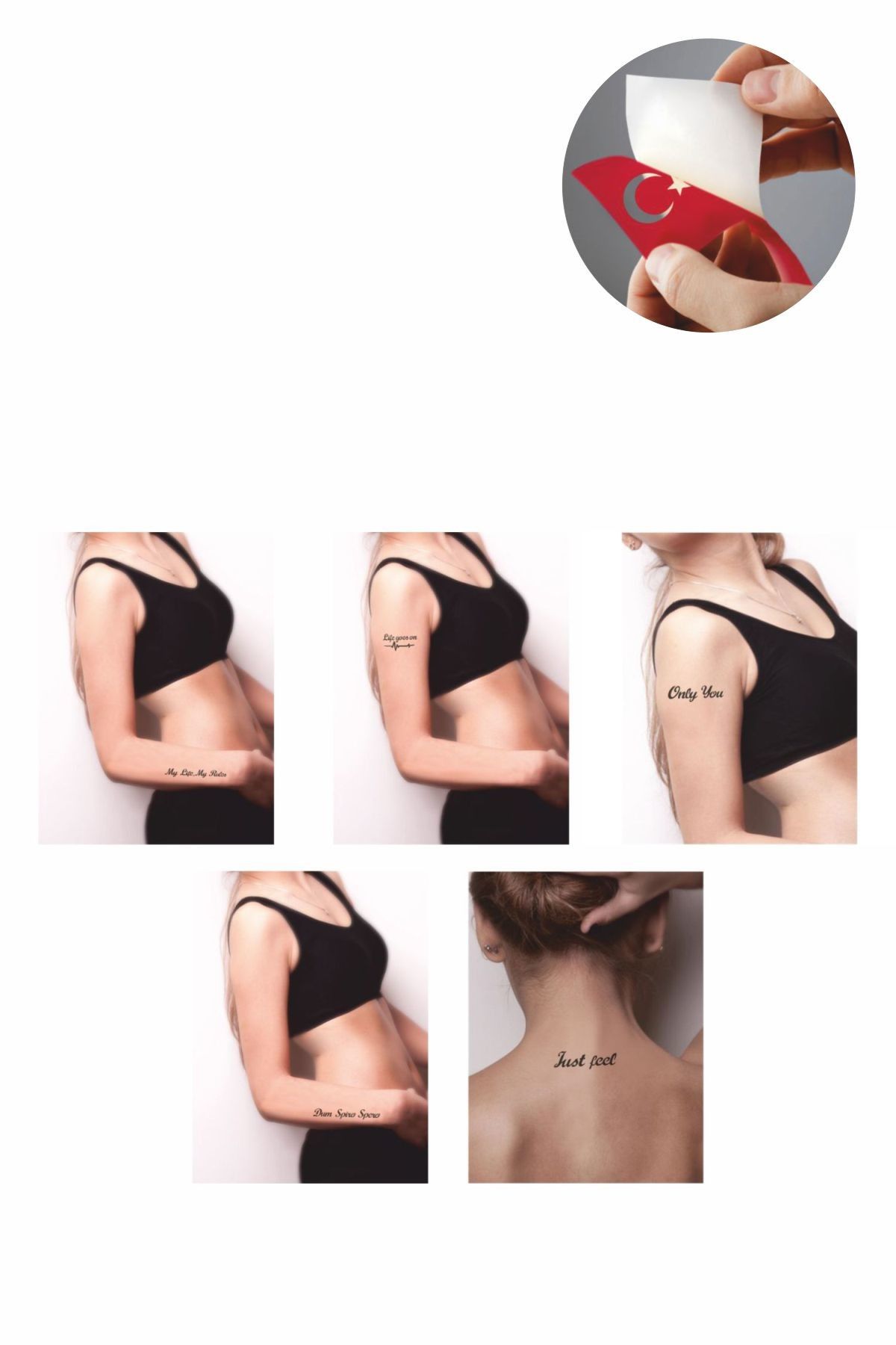ONE SPRAY TATTOO Slogan Yazı Geçici Dövme Seti Siyah Sprey Ve 5 Desen