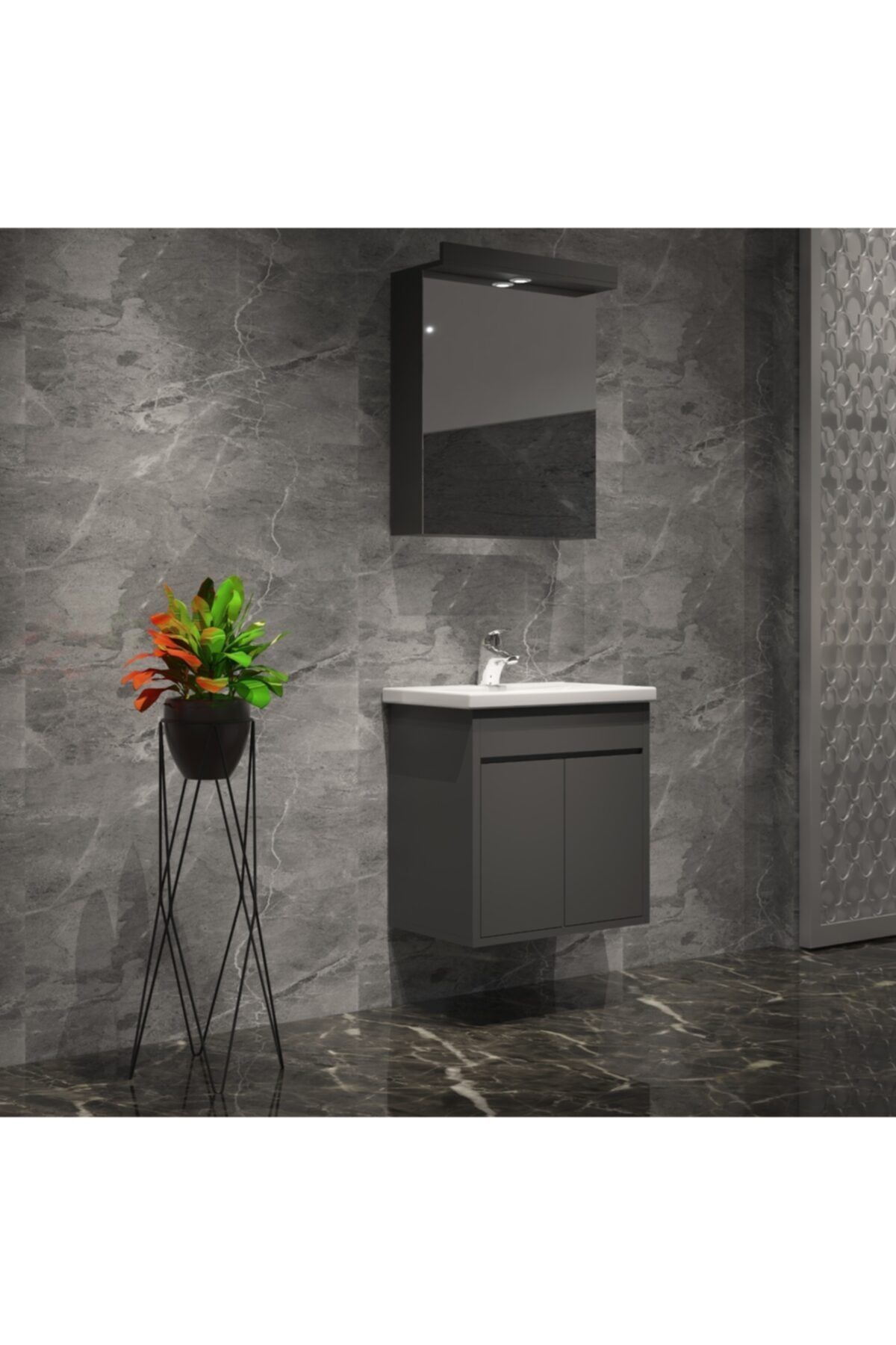 ÖZCEDEN Çiğdem Banyo Dolabı Takımı Komple Renkli Antrasit Gri Mat 55 cm