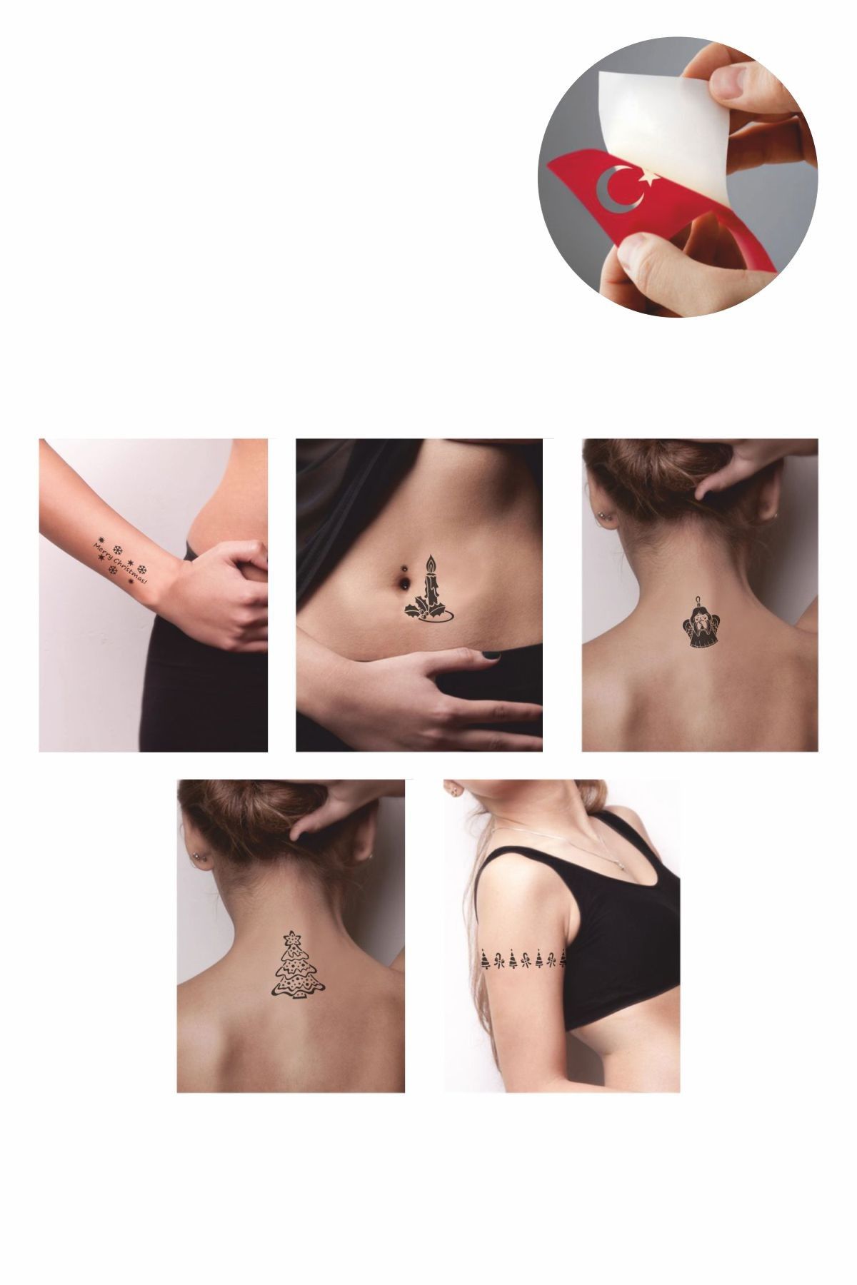 ONE SPRAY TATTOO Çam Ağacı Yılbaşı Geçici Dövme Seti Siyah Sprey Ve 5 Desen