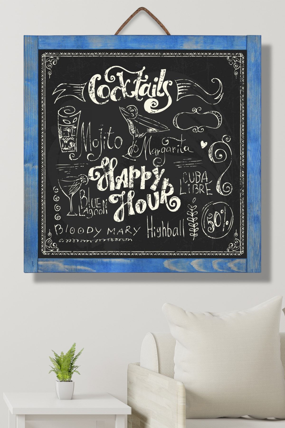 Robin Wood Dekoratif Ev Dekorasyon Ahşap Yazı Tahtası Kara Tahta Duvar Süsü Duvar Dekoru 60x60 Cm Renkli Mavi