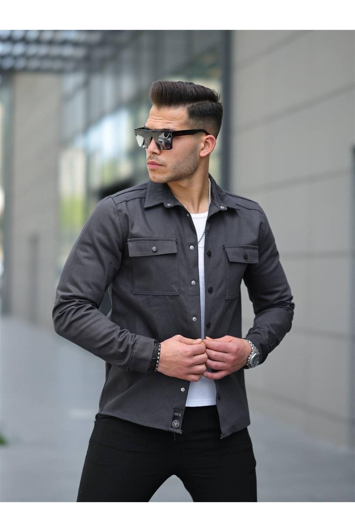 Pobudo Anthracite Color Double Pocket Men s Denim Shirt Trendyol