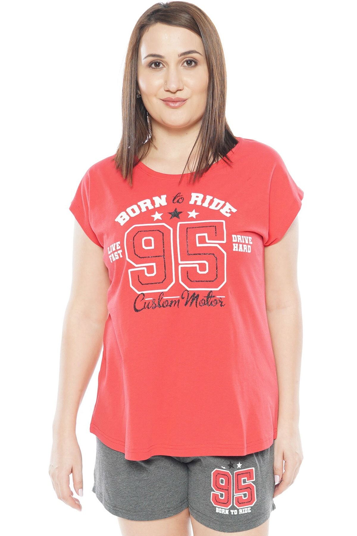 VİENETTA Kadın Kırmızı Kısa Kol Büyük Beden Pijama Takımı