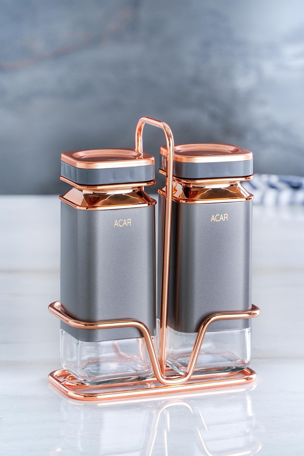 ACAR Black Magic 2li Metal Standlı Kare Cam Tuzluk Biberlik Takımı - Nardo Gri