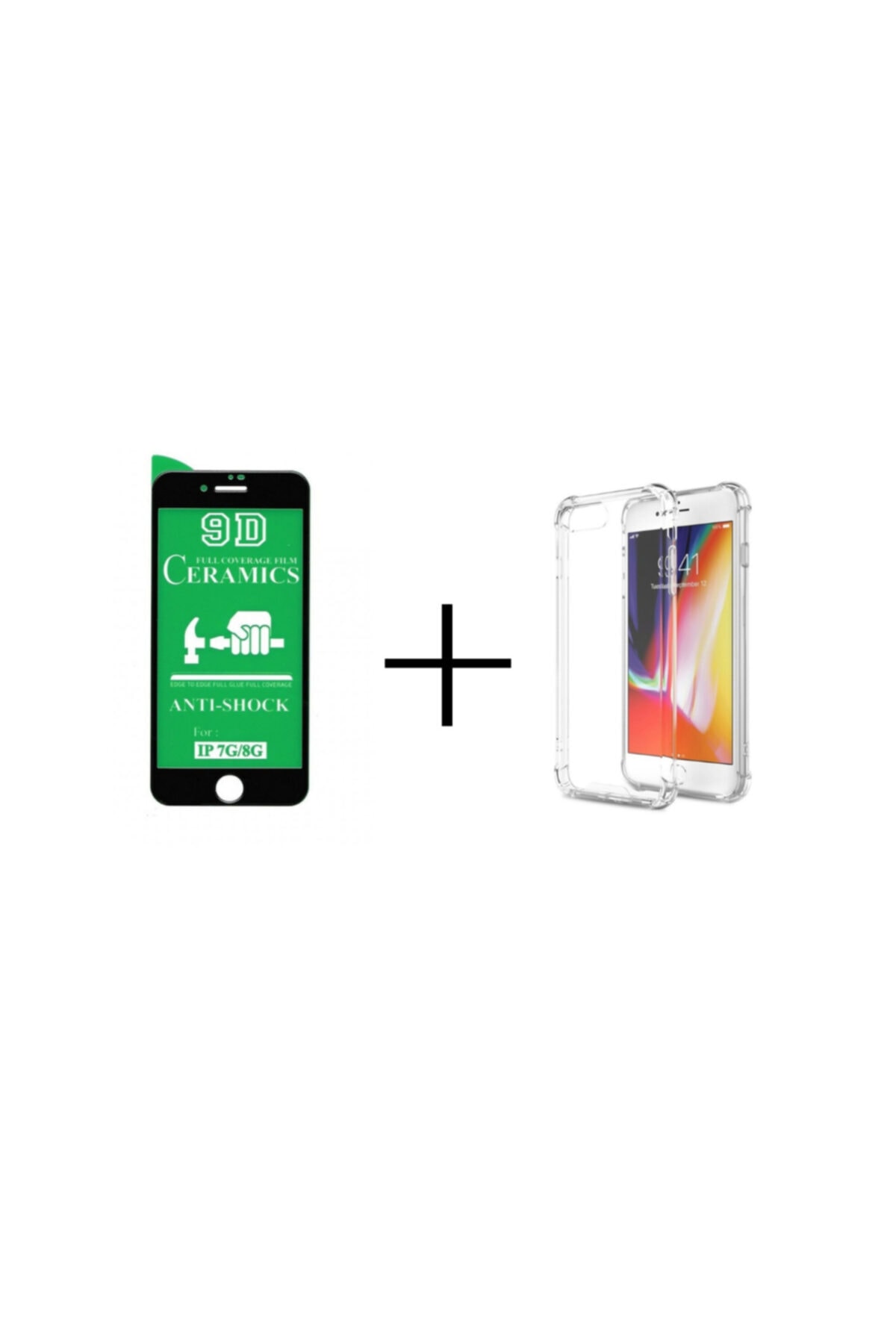 JACQUELYN Iphone Se 2020 Tam Kaplayan Siyah Seramik 9d Kırılmaz Cam Ve Şeffaf Tıpalı Kılıf 2'li Set