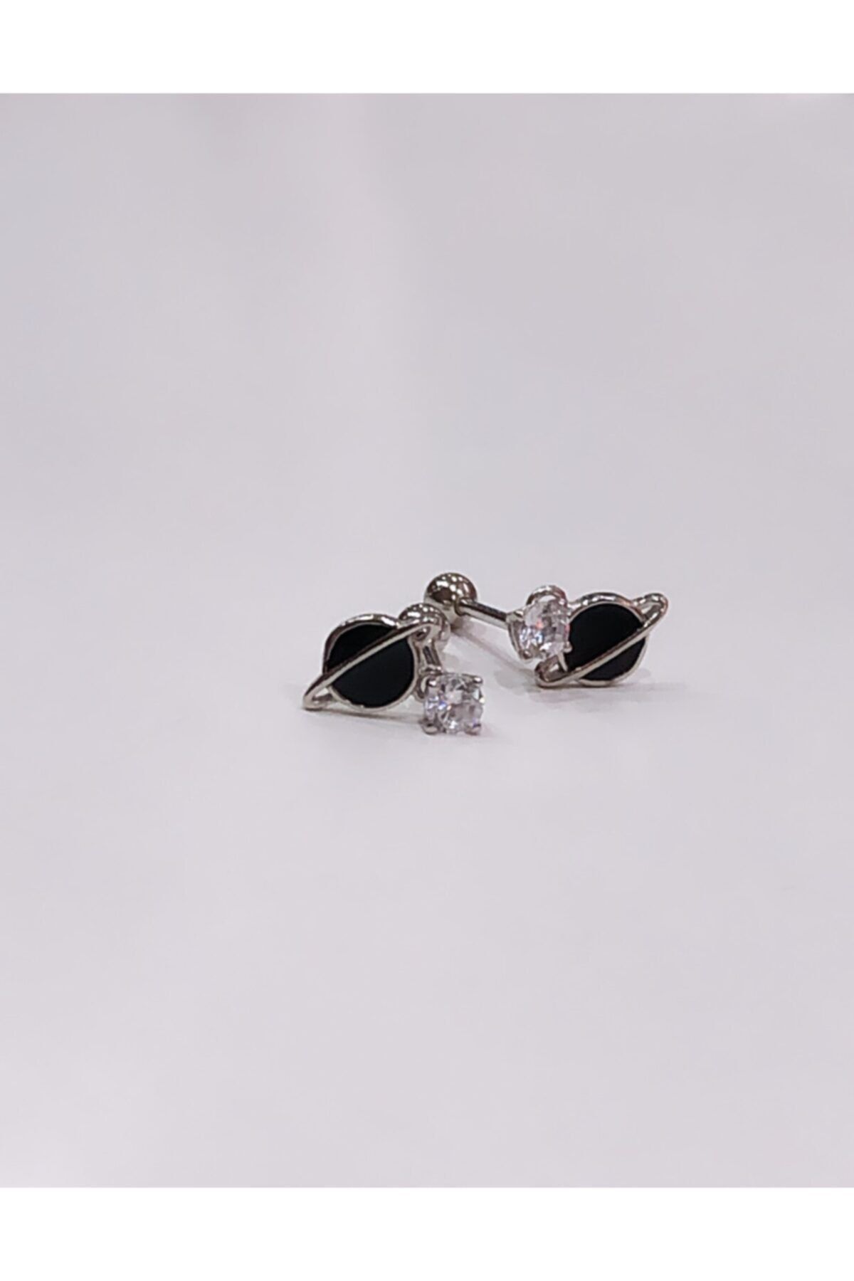 Ay Gümüş Kadın 1 Adet Dünya Modeli Siyah Zirkon Taşlı Cerrahi Tragus Piercing 925 Ayar Gümüş