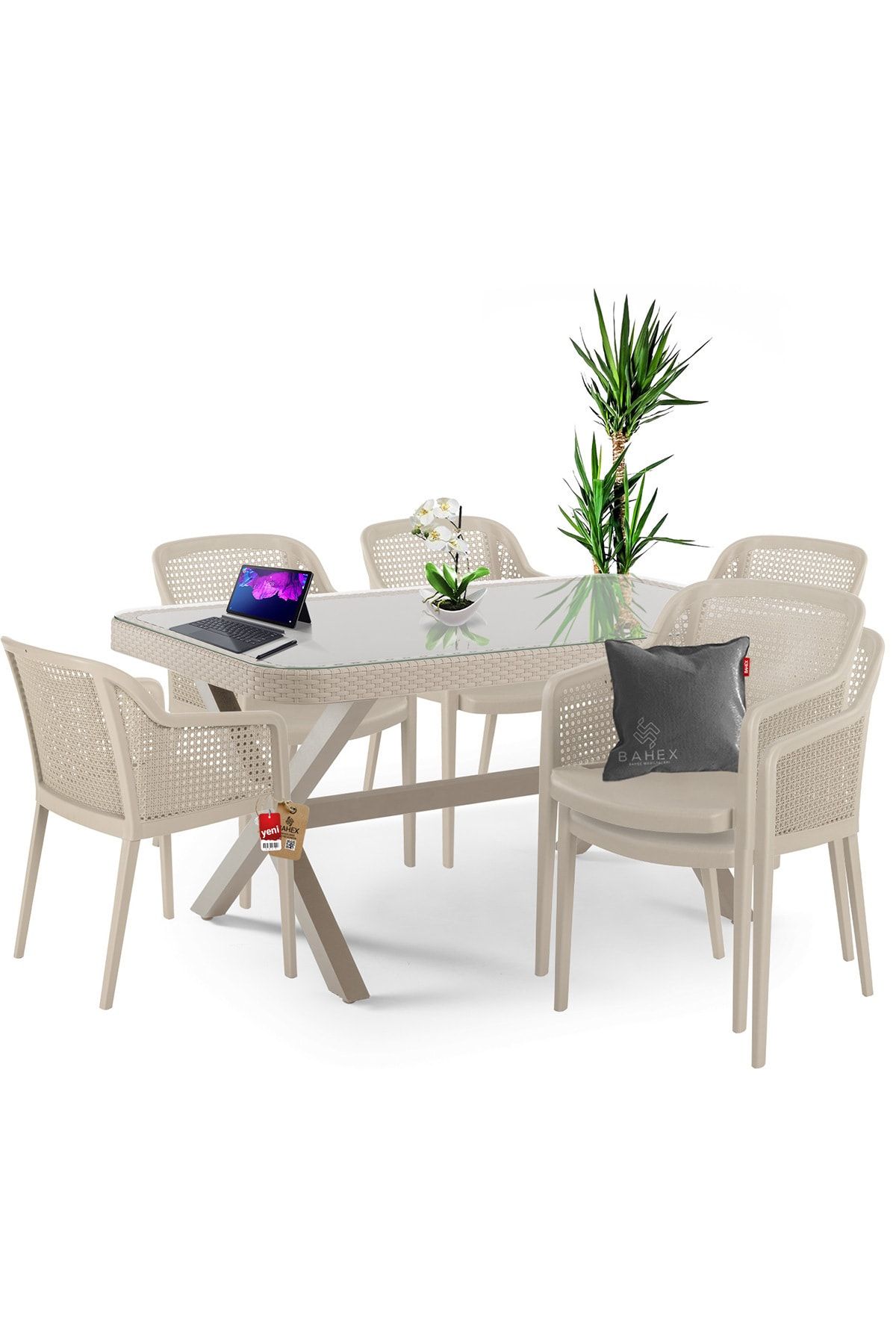Tilia X Serisi 90x150 Octa 6 Kişilik Camlı Rattan Masa Takımı