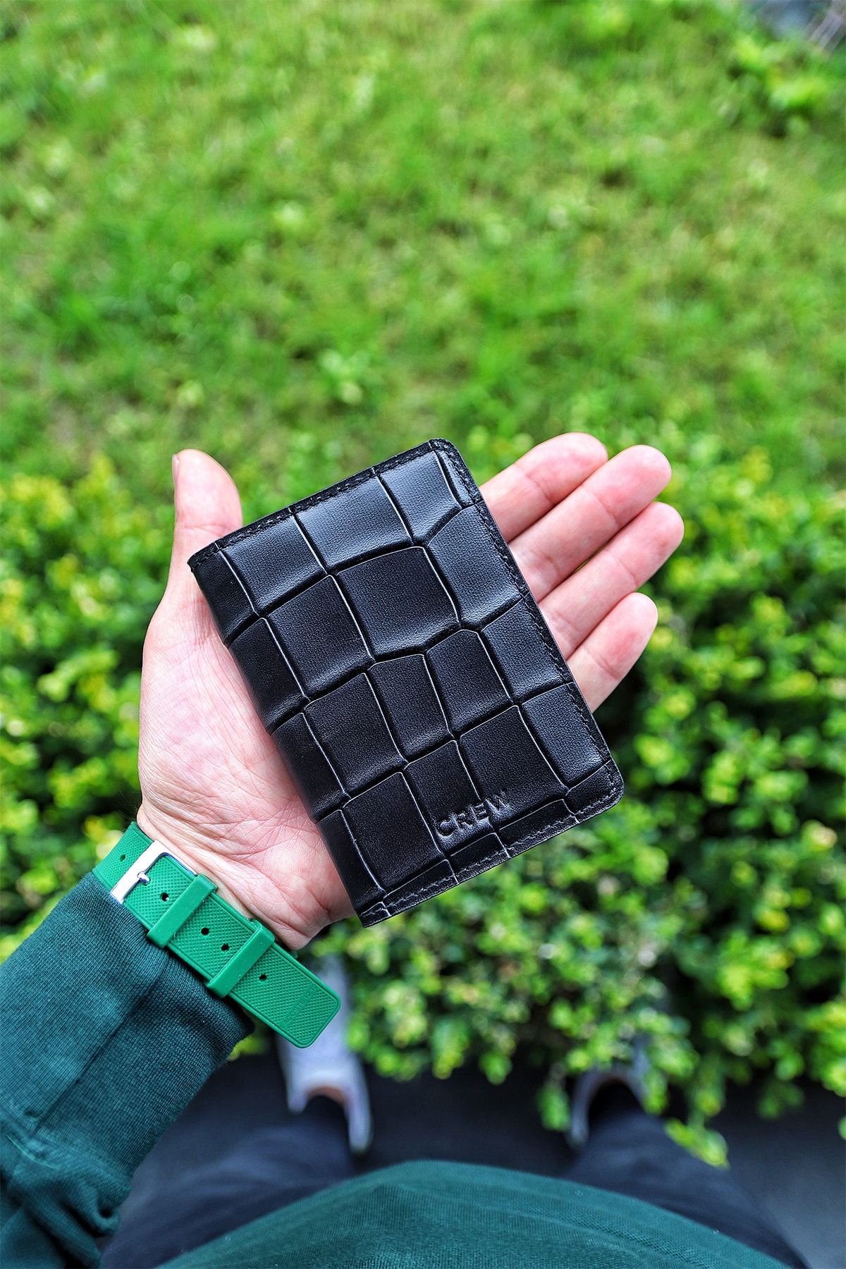 Crew Leather Büyük Timsah Baskılı Siyah Deri Kartlık