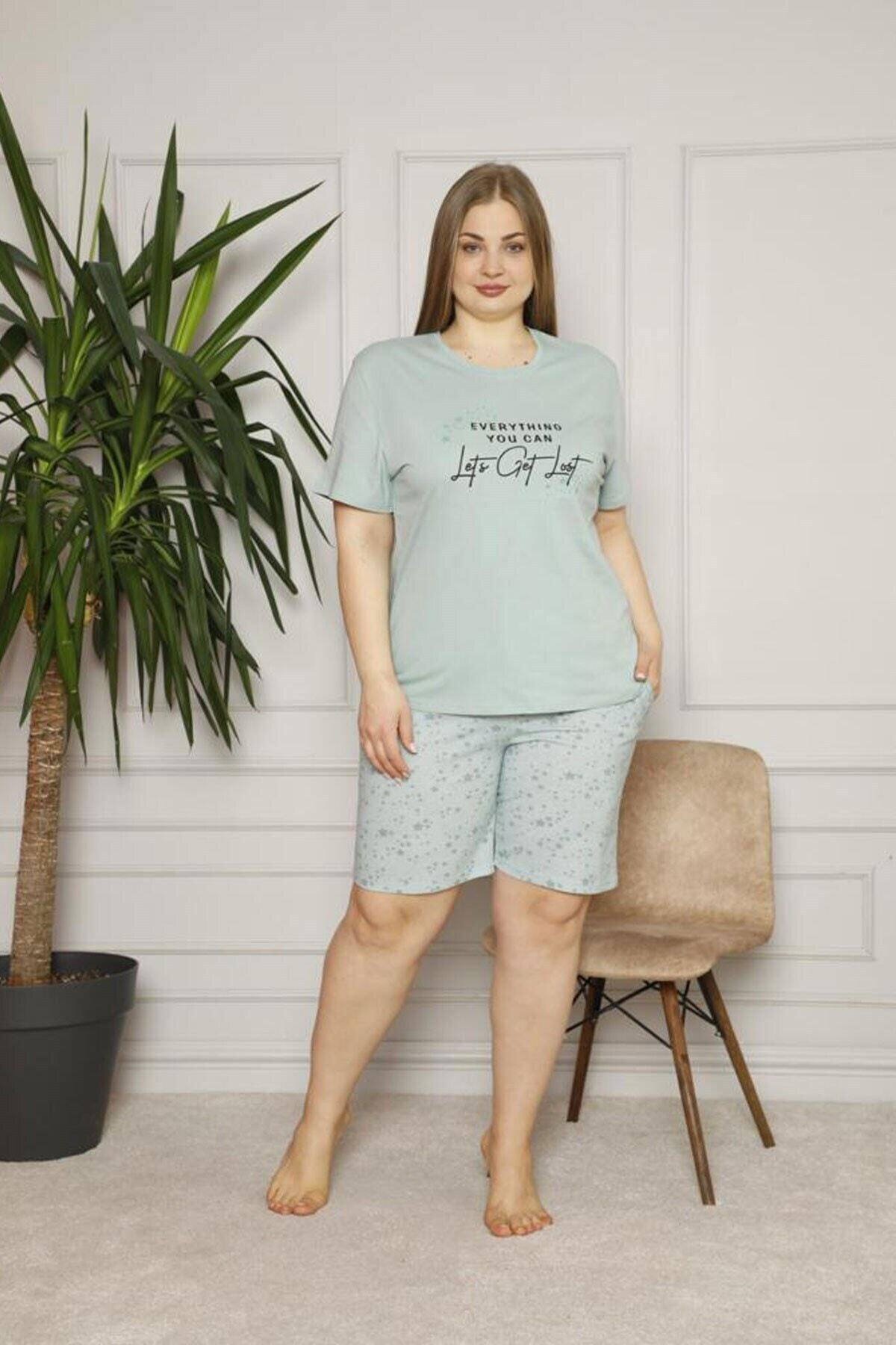 Pemilo Büyük Beden Yıldız Desenli Cepli Şortlu Pijama Takım