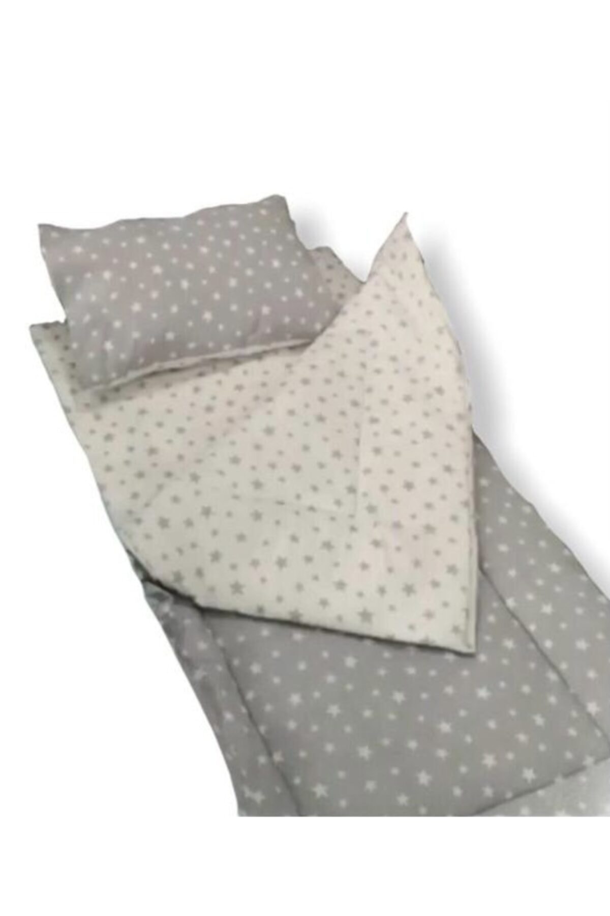 Bebek Özel Gri Beyaz Yıldızlı Pamuk Bebek Çocuk Yastık Çarşaf Yorgan 80x130