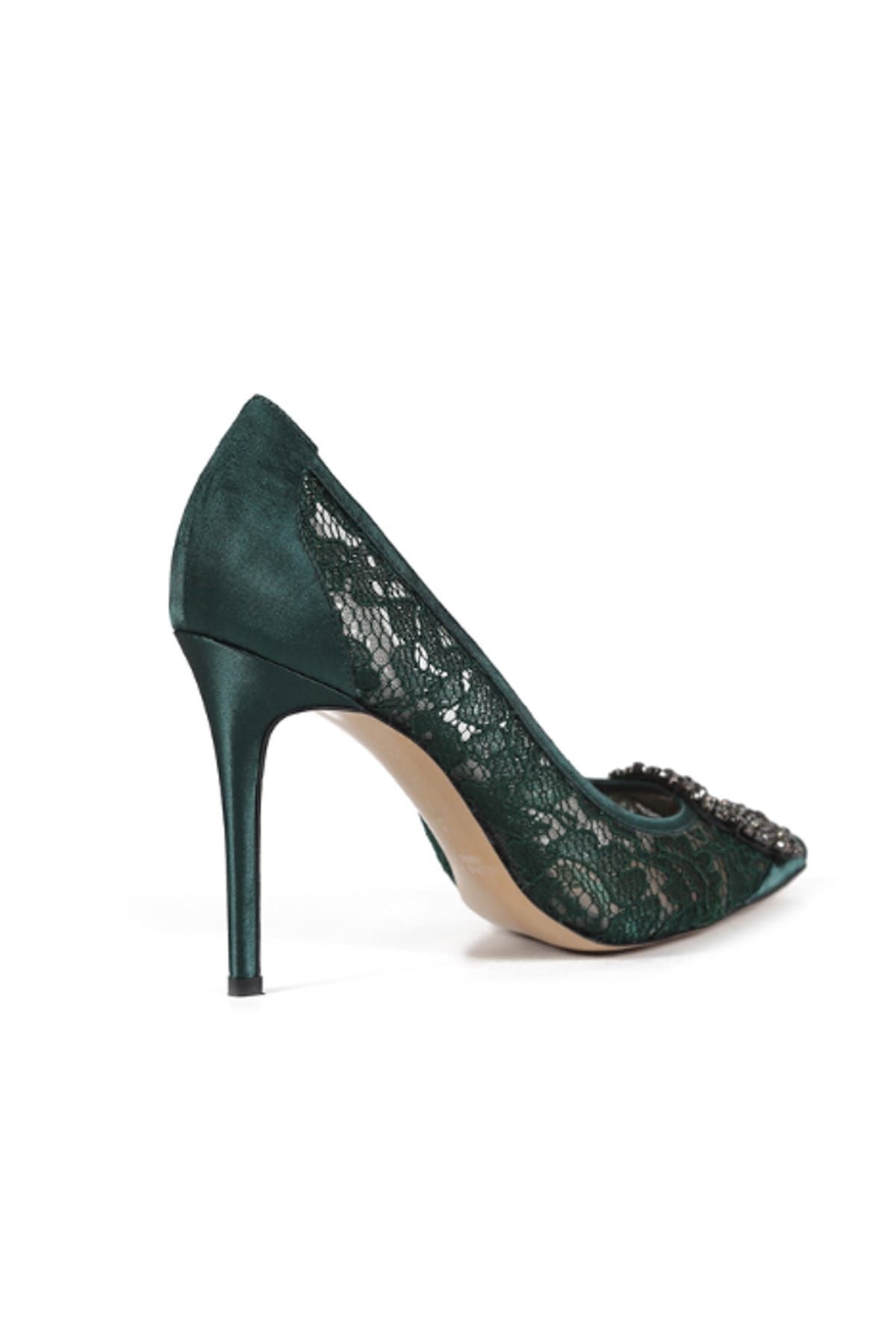 Kadın Yeşil Dantel Taşlı Tokalı Stiletto Ayakkabı 44 001Z_2536_41