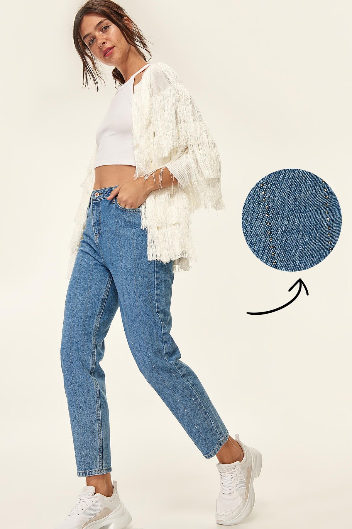trendyolmilla mavi tas islemeli yuksek bel mom jean tclaw19lr0056 fiyati yorumlari trendyol