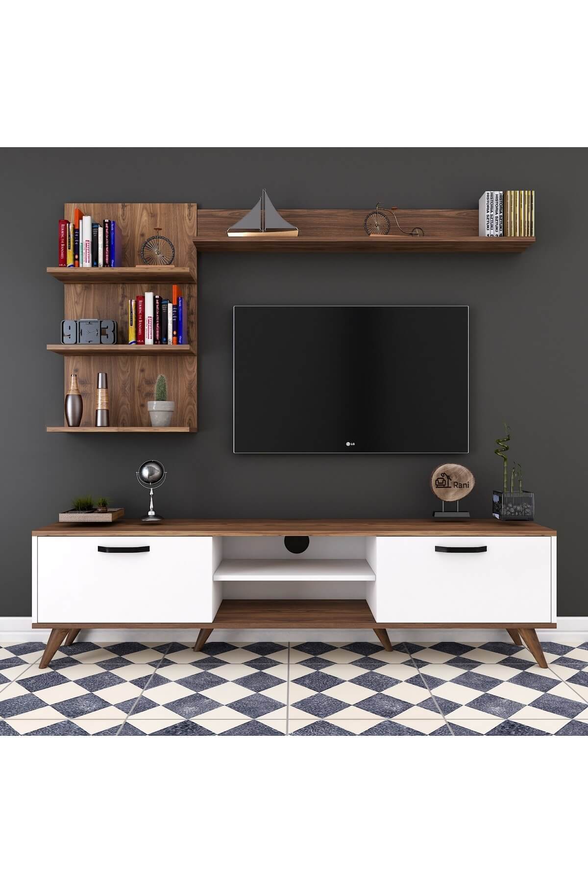 rani mobilya a5 duvar rafli kitaplikli tv unitesi duvara monte dolapli modern ayakli tv sehpasi beyaz ceviz m41 fiyati yorumlari trendyol