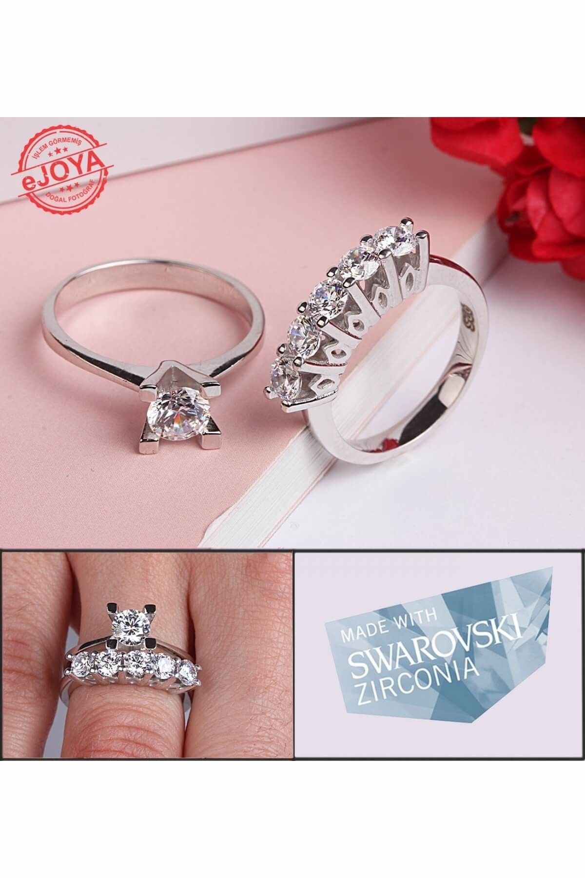 EJOYA Swarovski Beş Taş Yüzük - Tek Taş Hediyeli Sw003 74504