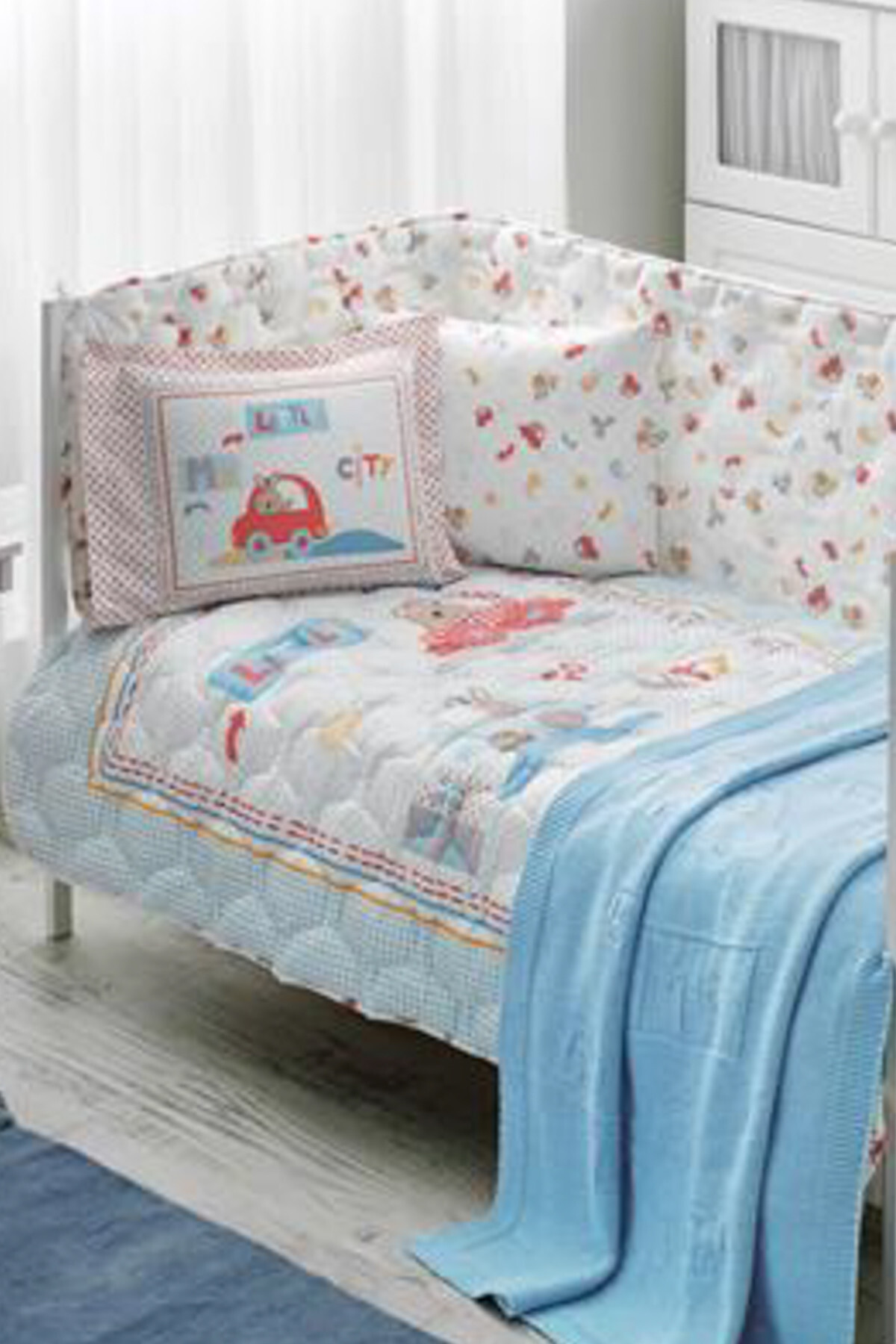 Taç Battaniyeli Bebek Uyku Seti Lıttle Cars Mavi