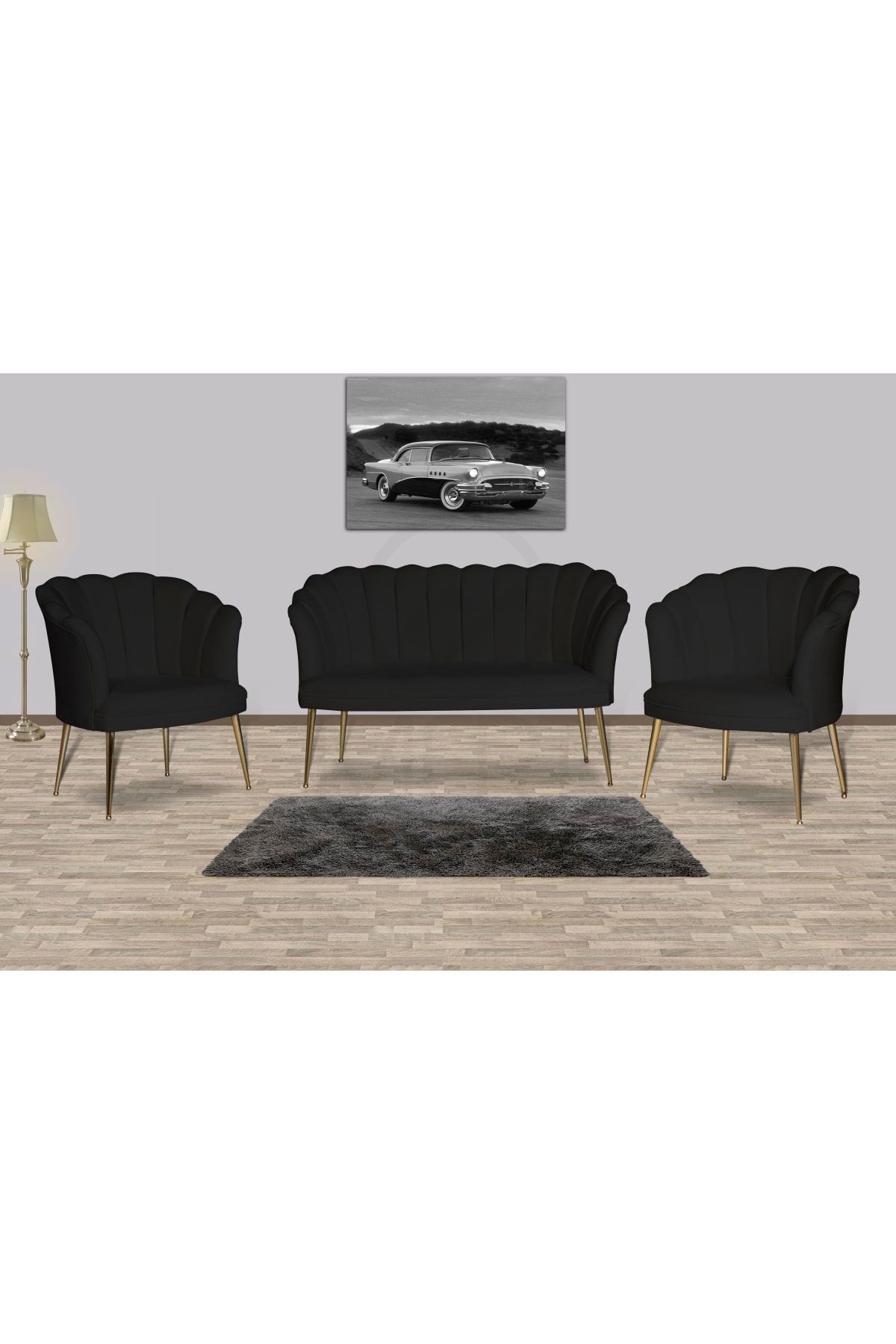 Mert Concept Çay Seti Koltuk Takımı 2+1+1 Papatya Siyah Gold Metal Ayak Salon Kafe Balkon Otel Ofis Berjer Ikili