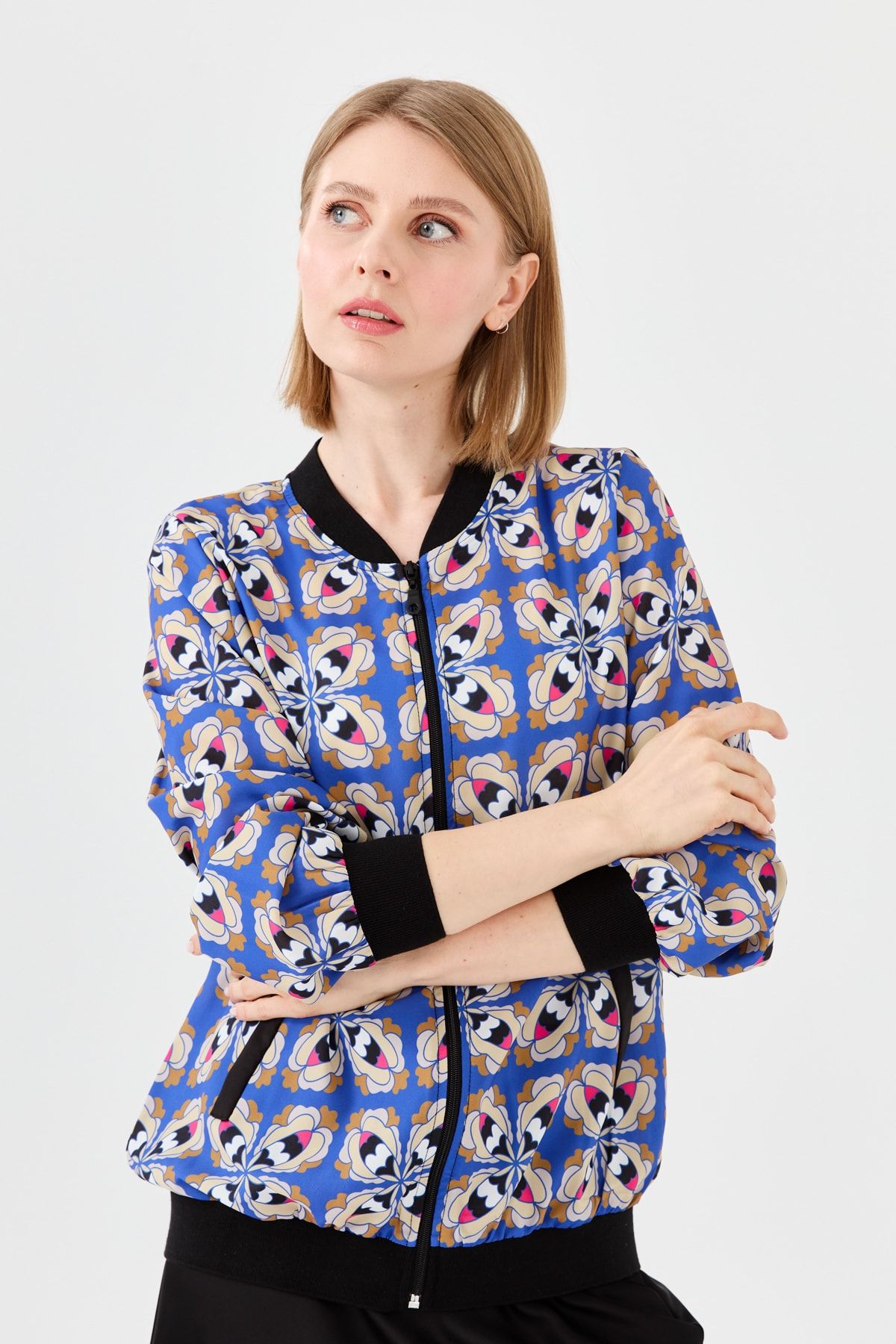 Desen Triko Women S Judge Collar Floral Patterned Summer Jacket