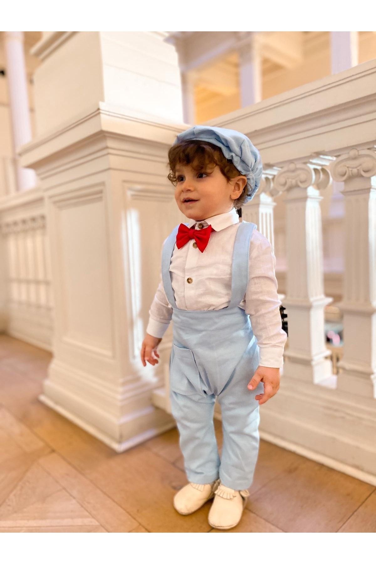 favorimkids Baby Blue Baby Salopet Shirt Bow Tie Cap Set of