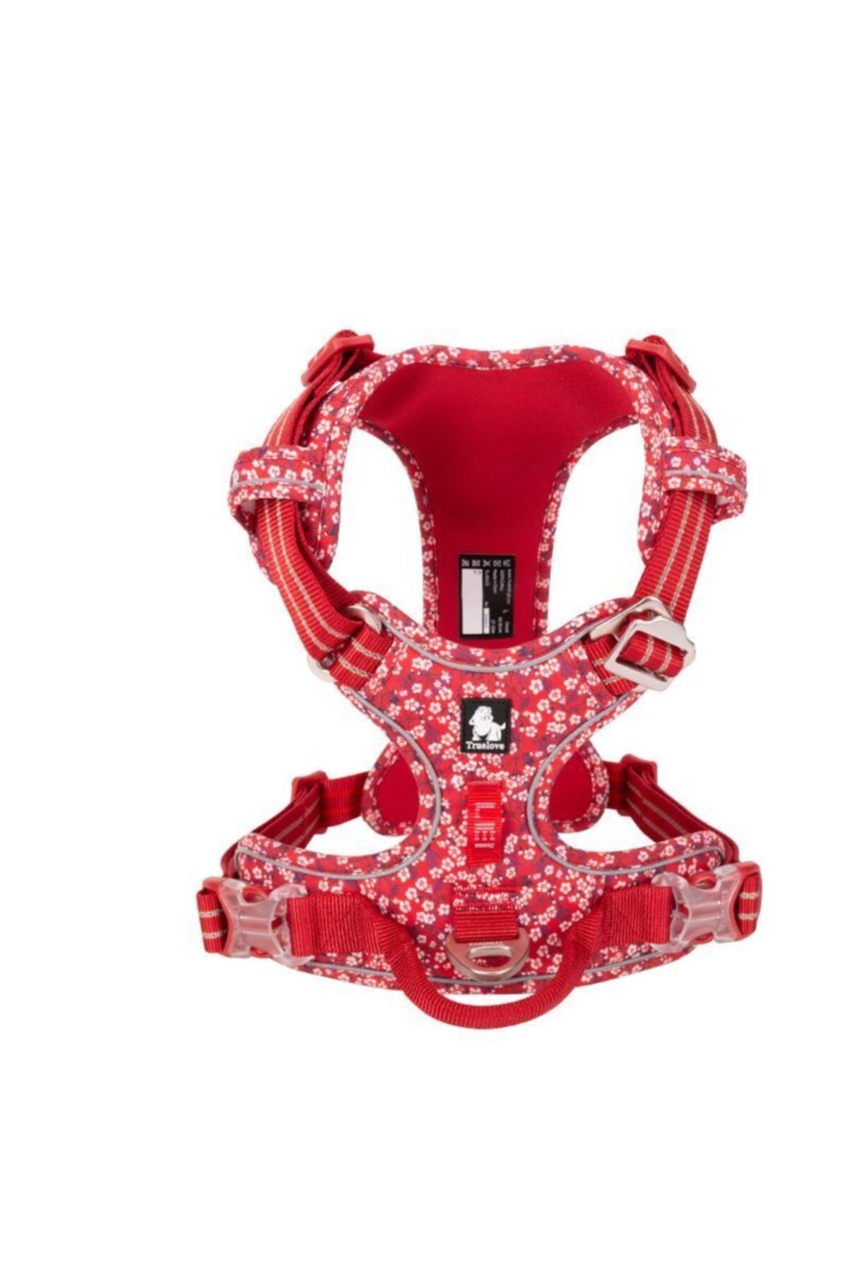 True Love Çiçek Desenli, Alüminyum D-halkalı, Ergonomik Kırmızı Göğüs Tasması-large