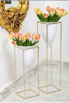 Beyaz Gold Metal Saksı 2'li Image 0