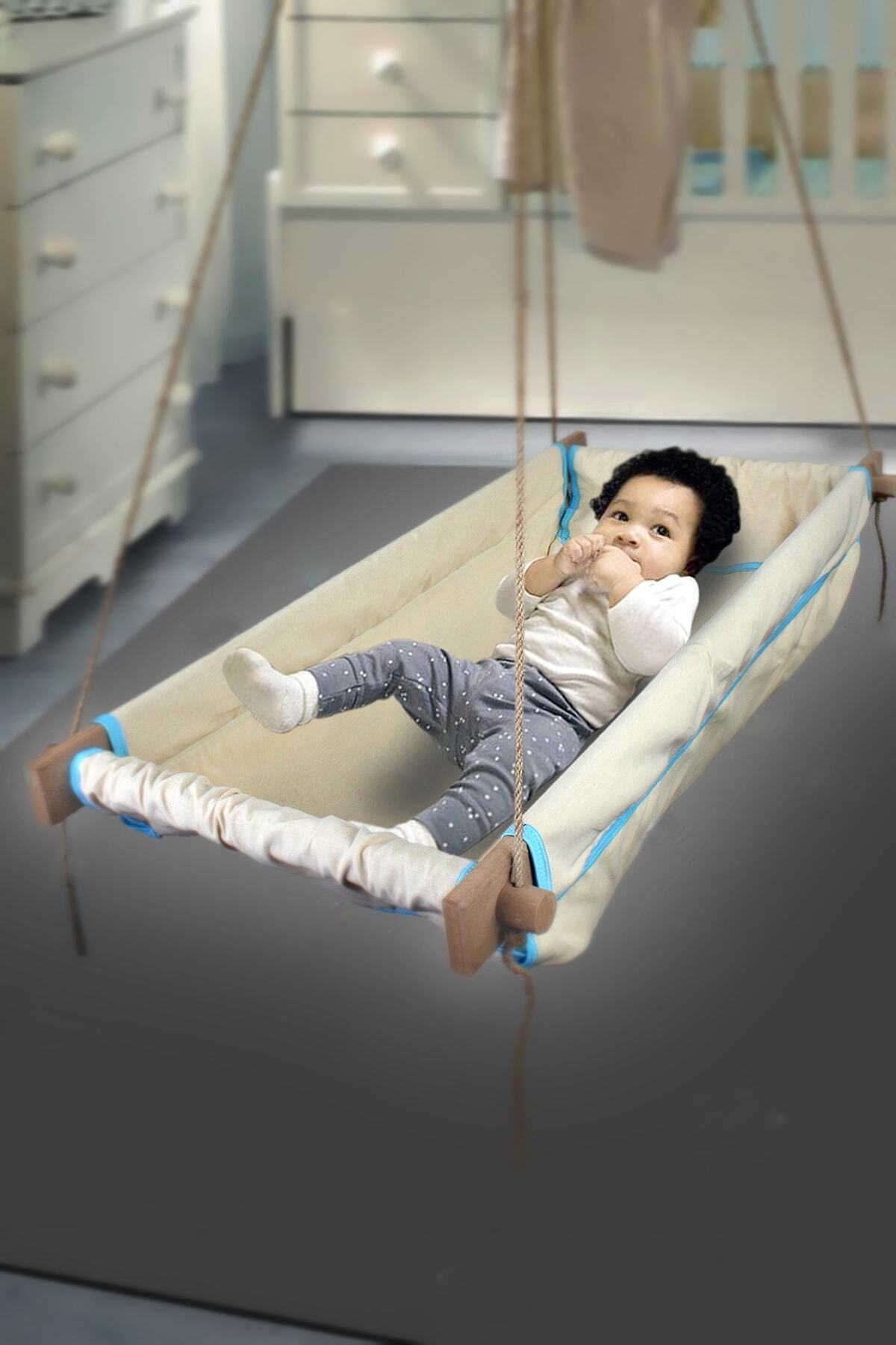 Bundera Wise Ahşap Yaylı Zıpzıp Hamak Beşik Hoppala Tavana Asılan Salıncak Bebek Yatağı Jüt Halatlı Mavi