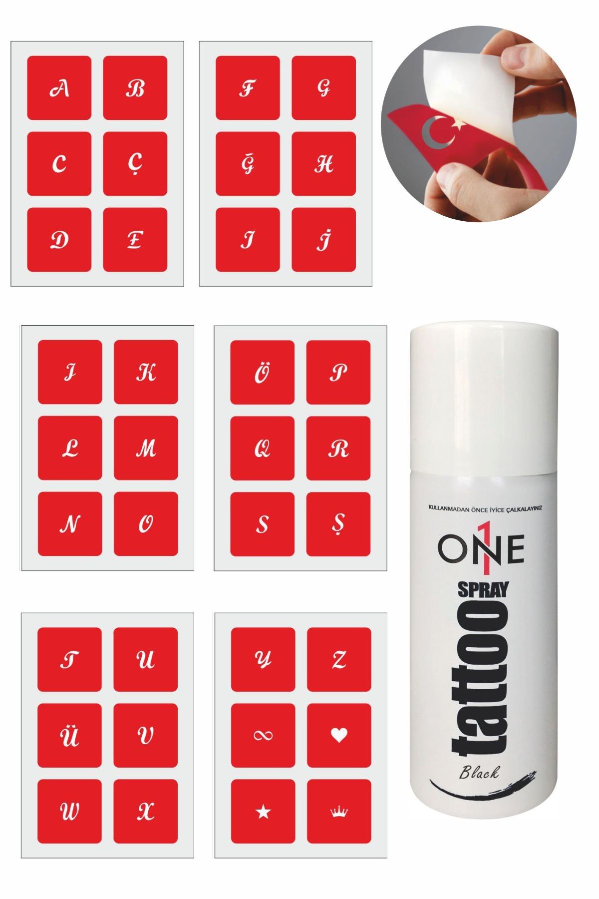 ONE SPRAY TATTOO Parmak Harfleri Geçici Dövme Seti Siyah Sprey Ve Desen