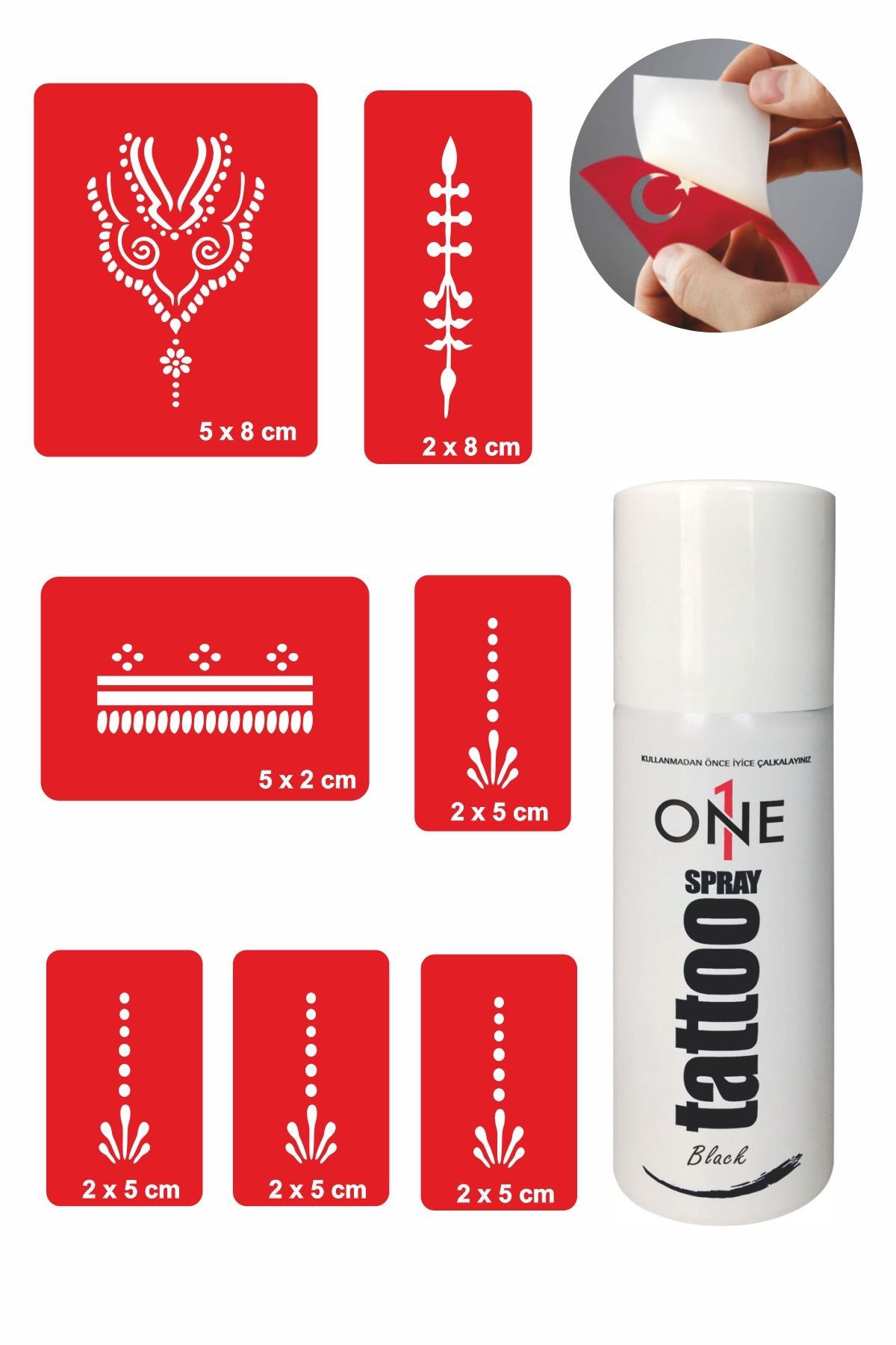 ONE SPRAY TATTOO Boyun Bilek Dövmesi Geçici Dövme Seti Siyah Sprey Ve 5 Desen