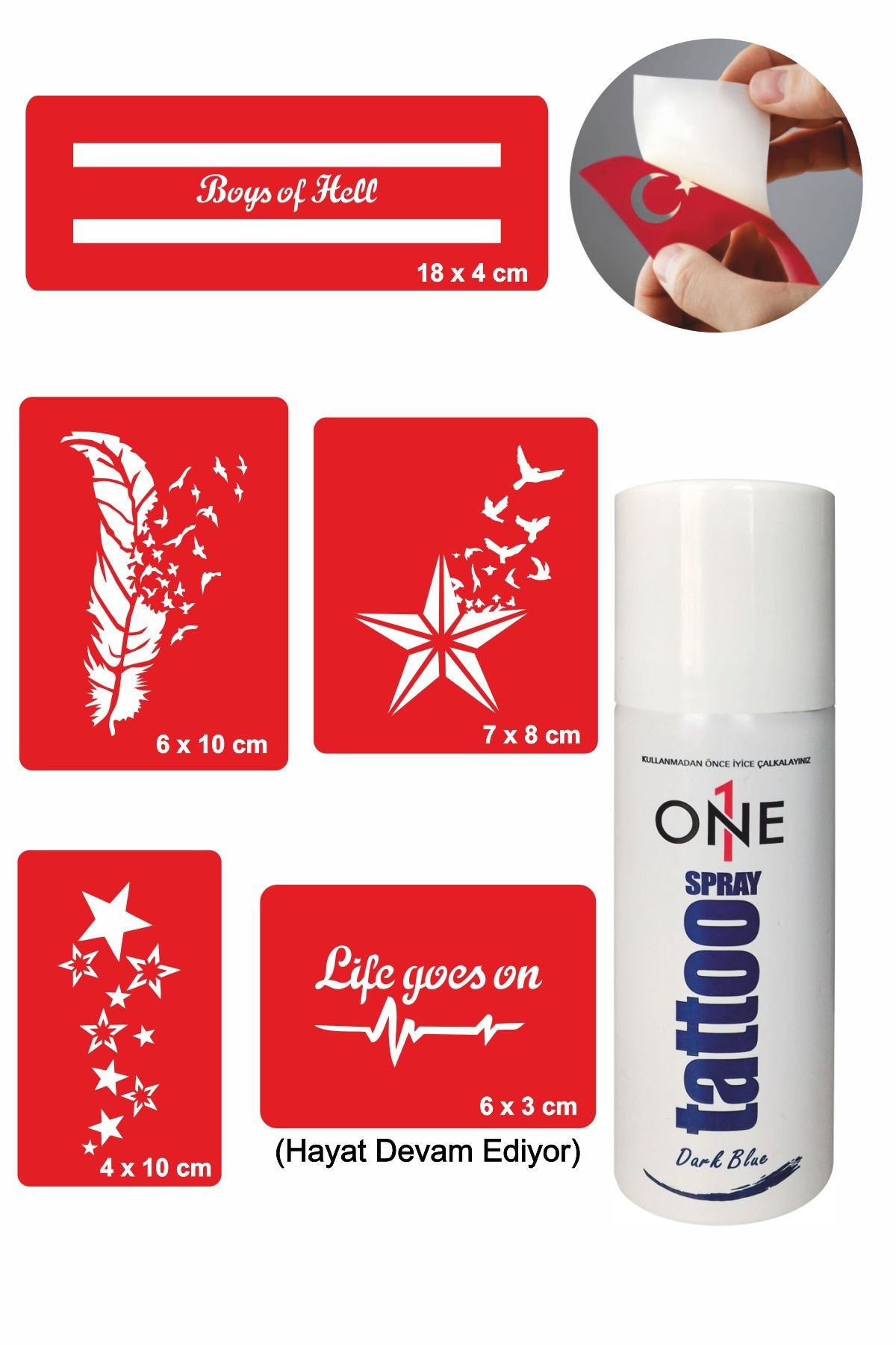 ONE SPRAY TATTOO Şerit Tüy Geçici Dövme Seti Dark Sprey Ve 5 Desen