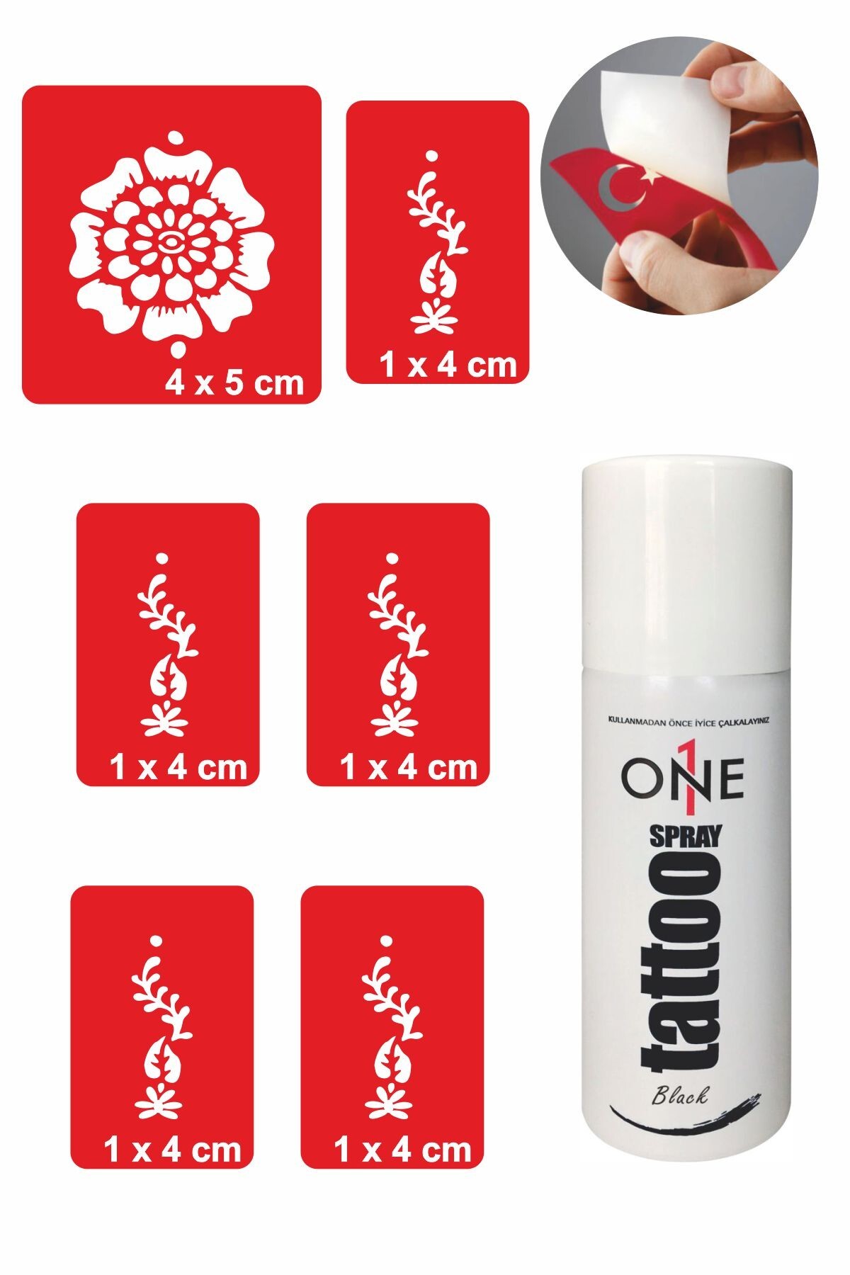 ONE SPRAY TATTOO El Süsleme Dövmesi Geçici Dövme Seti Siyah Sprey Ve 5 Desen