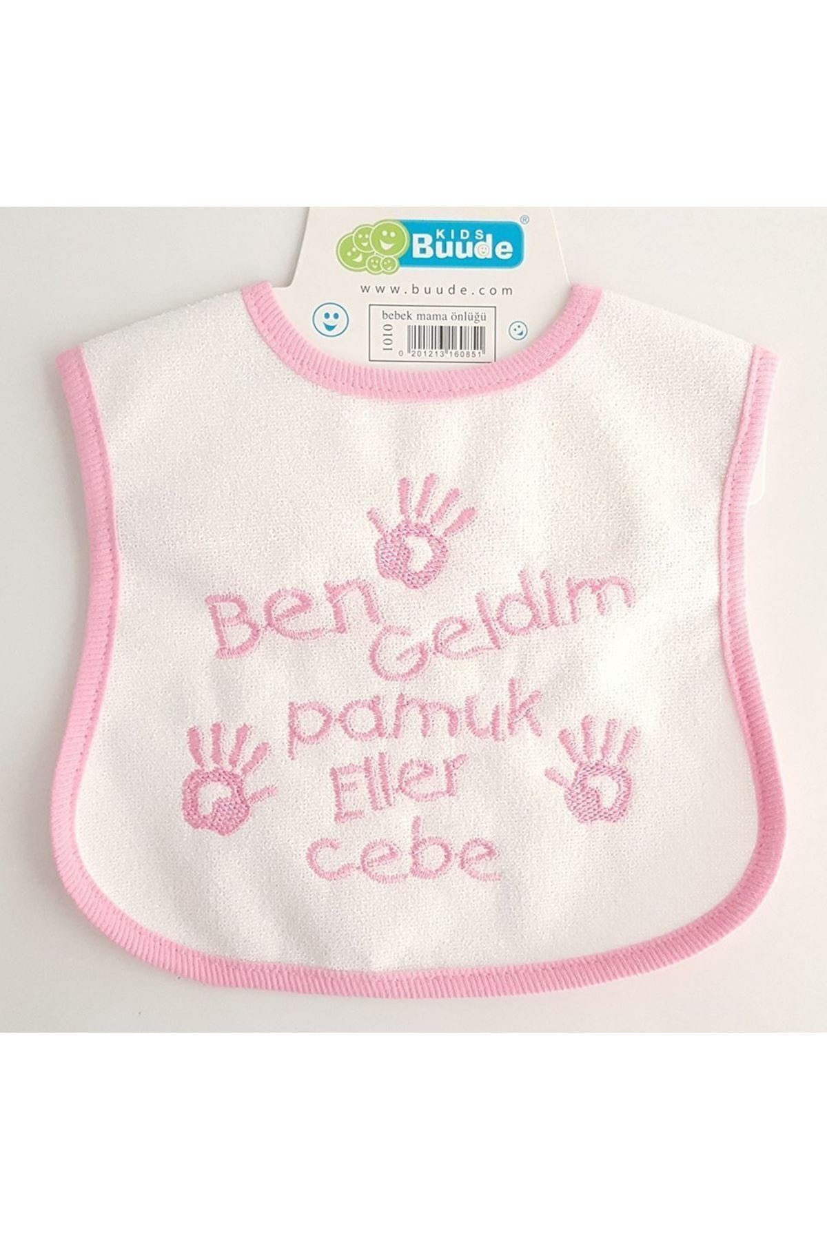 by BebekOdam Ben Geldim Pamuk Eller Cebe Yazılı Su Geçirmez Kız Bebek Önlüğü - Pembe