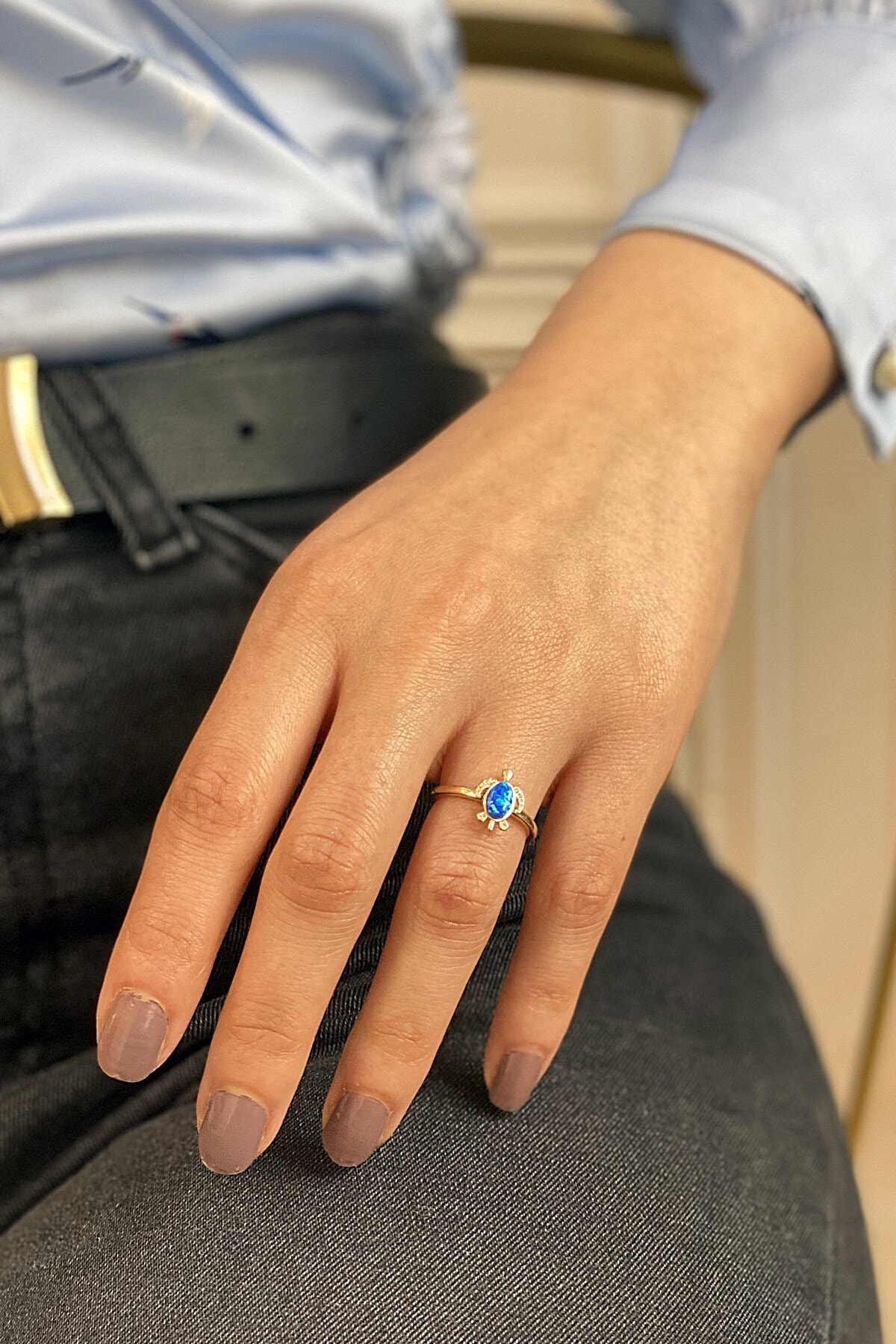 Çlk Accessories Kadın Mavi Opal Taş Ayarlanabilir Kaplumbağa Figür Yüzük Tryüzük1071 Y32503