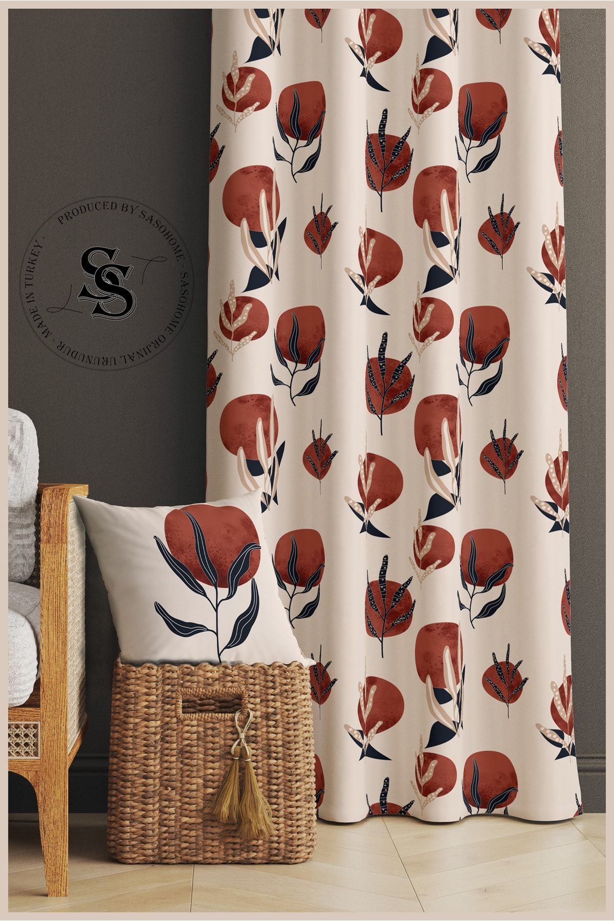 SasoHome Red Moon And Cream Plants Patterned Velvet 140 X 270 Cm