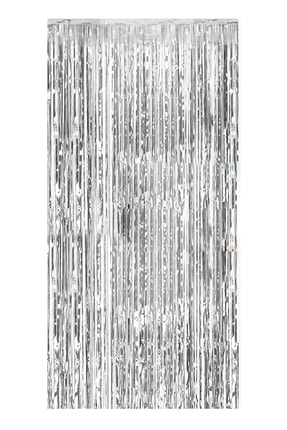 Metalize Arka Fon Gümüş Kapı Duvar Perdesi 90x200 Cm Metalik Duvar Püskülü Püsküllü Arka Fon Image 0