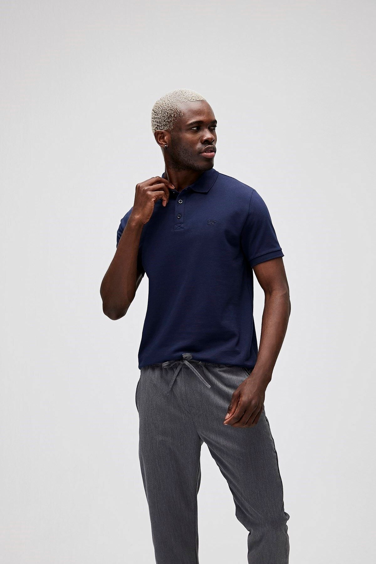 Navy blue polo with grey on sale pants