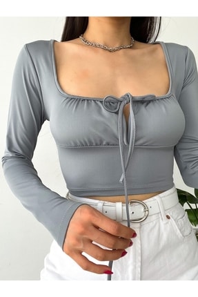 Göğüs Üzeri Bağcıklı Uzun Kollu Crop Image 0