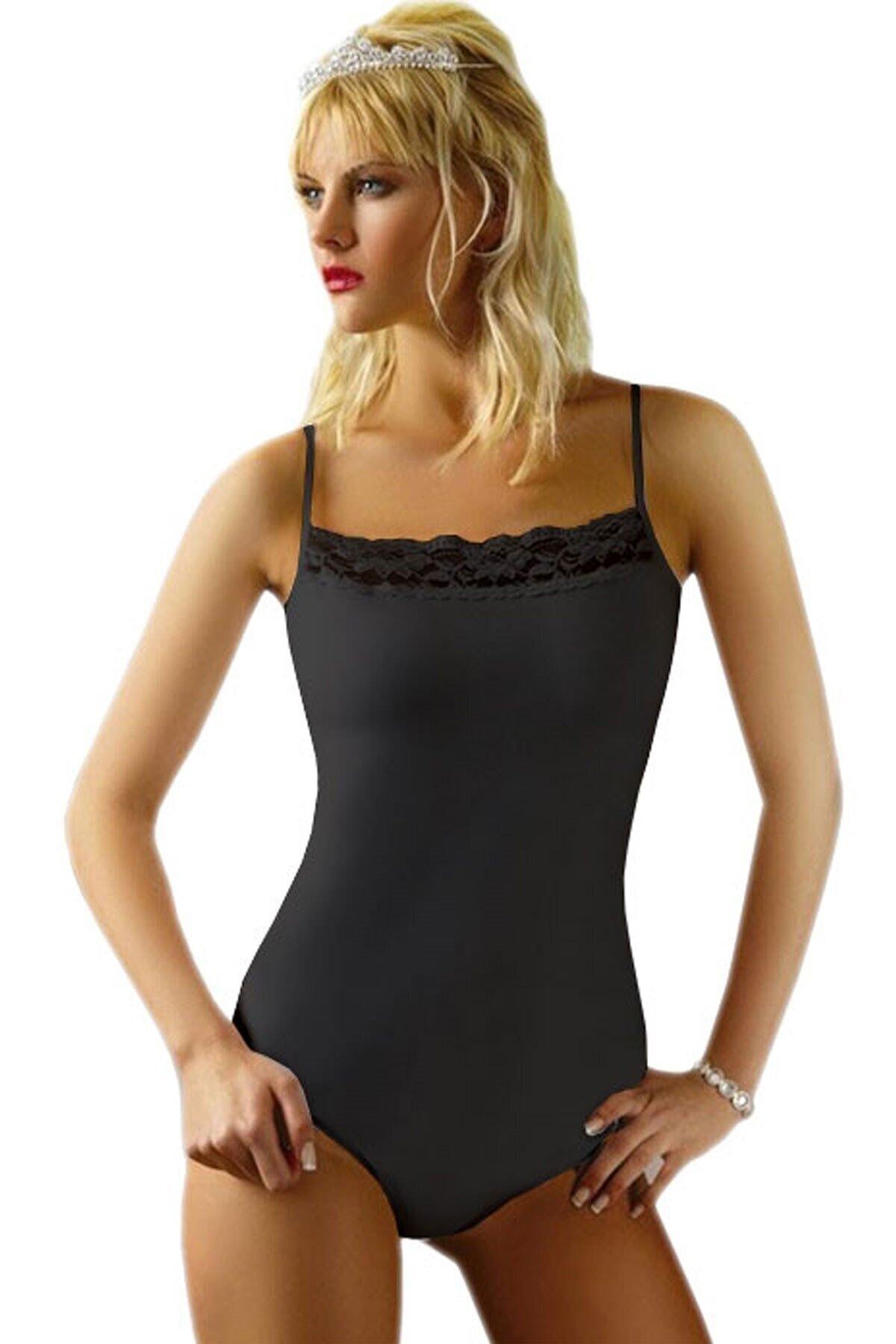 Anıt Kadın Siyah İnce İp Askılı Zıbın Pamuk Likralı Dantelli Body Badi