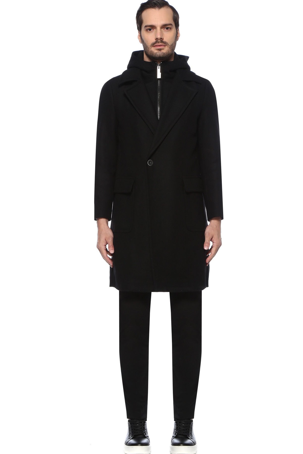 Network Erkek Slim Fit Siyah Kapüşonlu Kelebek Yaka Yün Palto 1076088