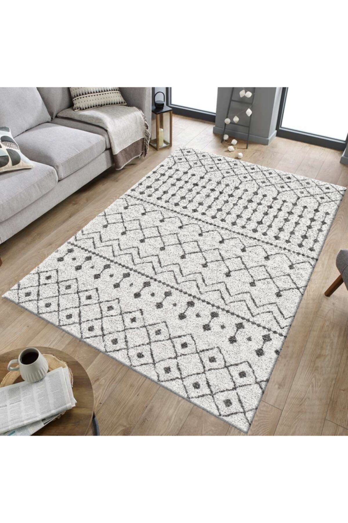 Sermod Krem Gri Çizgili Geometrik Modern Dekoratif Halı Örtüsü