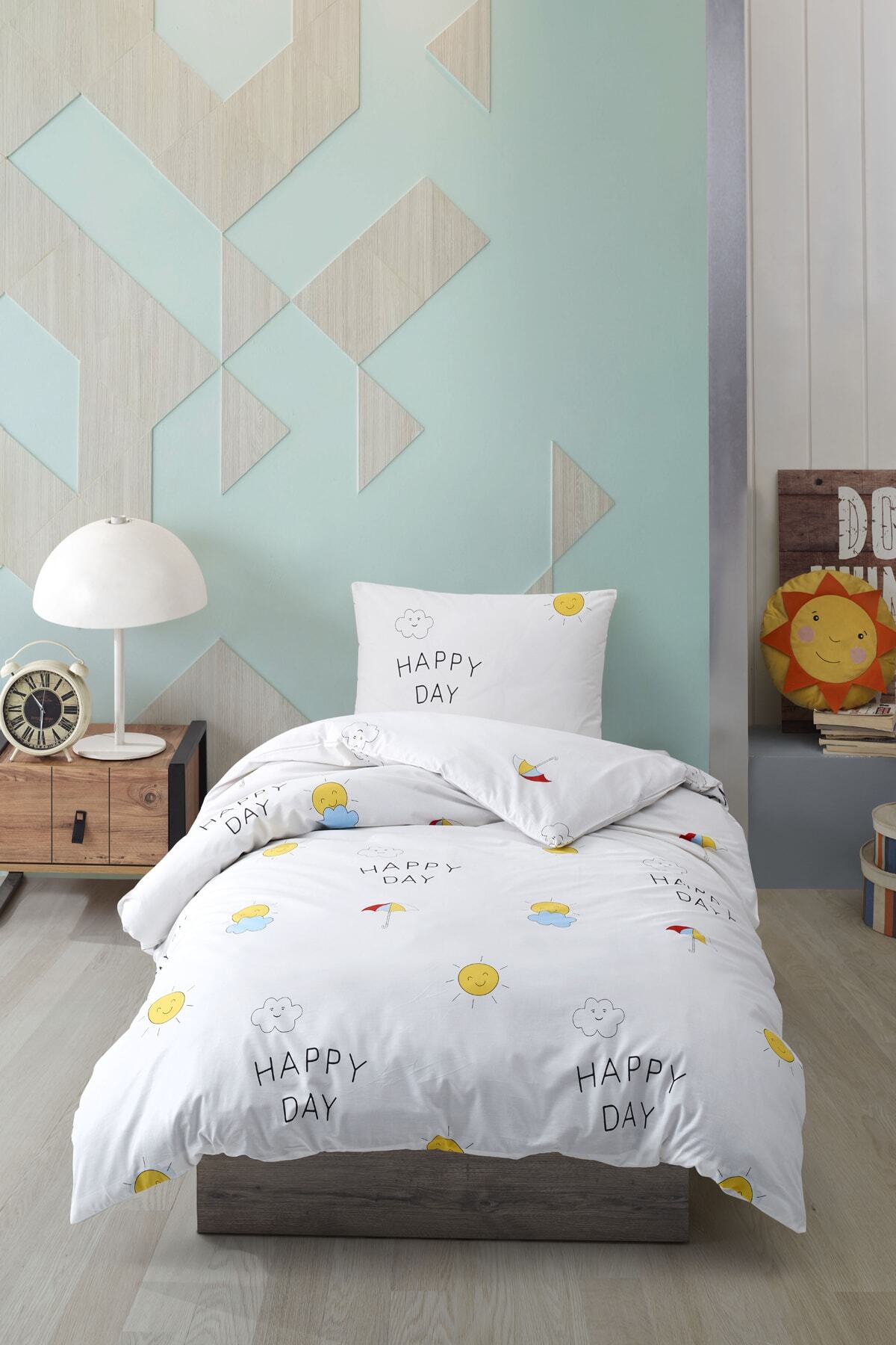 Enlora Home %100 Doğal Pamuk Nevresim Seti Tek Kişilik Kids Papçik Kombin Beyaz