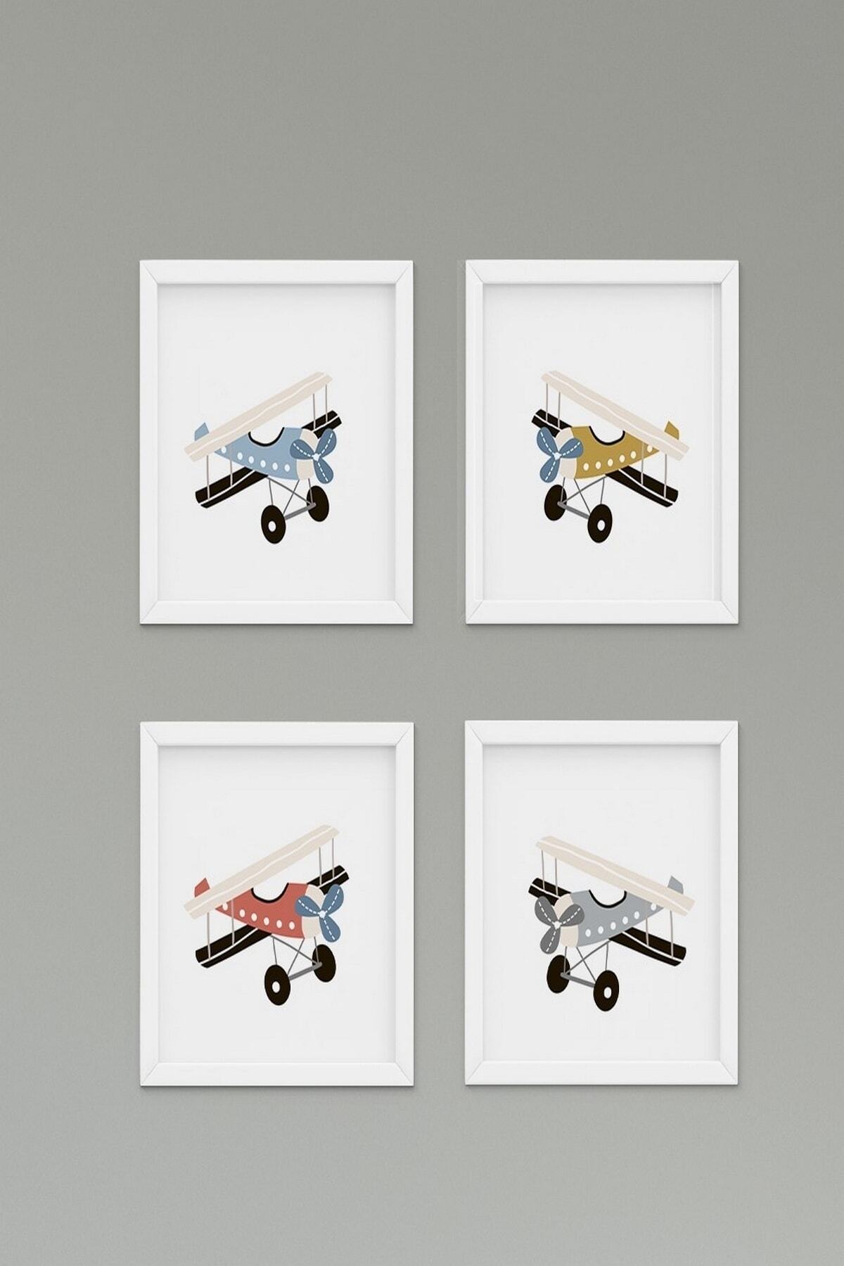 CİCİ TASARIM ÜRÜNLERİ 4lü Renkli Uçaklar Çocuk Bebek Odası Duvar Tablo