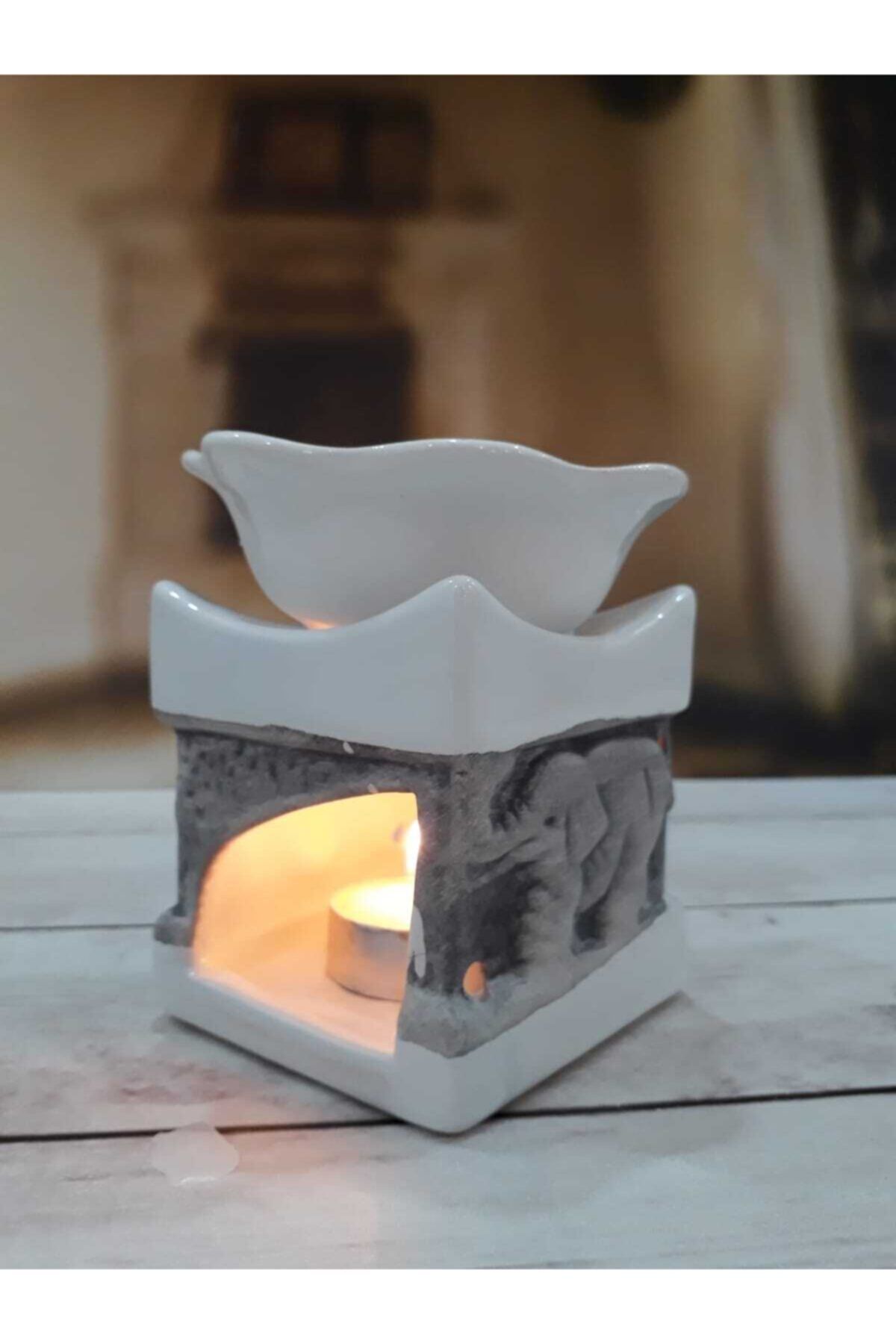 dase home Beyaz Fil Desenli Şömine Model Seramik Buhurdanlık