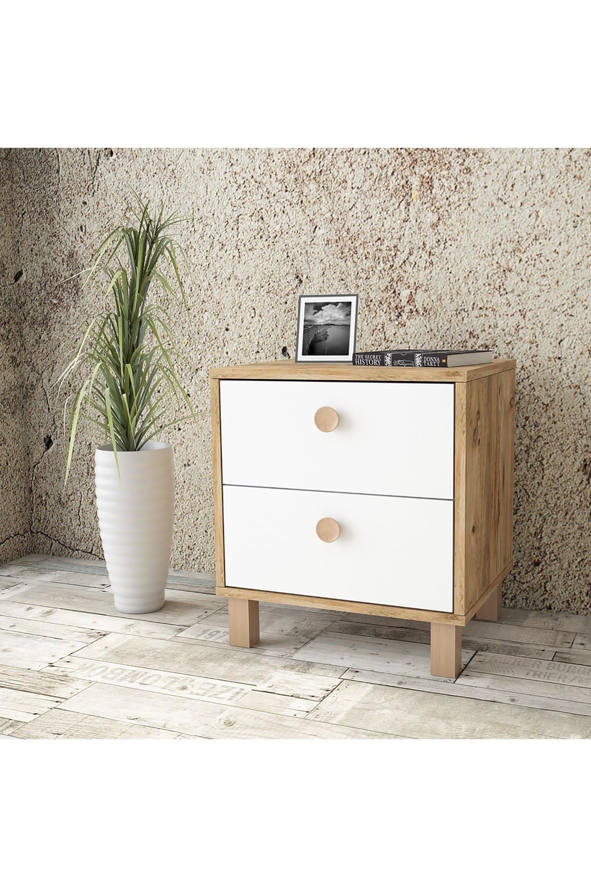 Yurudesign Vilamo Komodin Ahşap Ayak, 2Çekmece, Çam-Beyaz-Kayın VL72-217