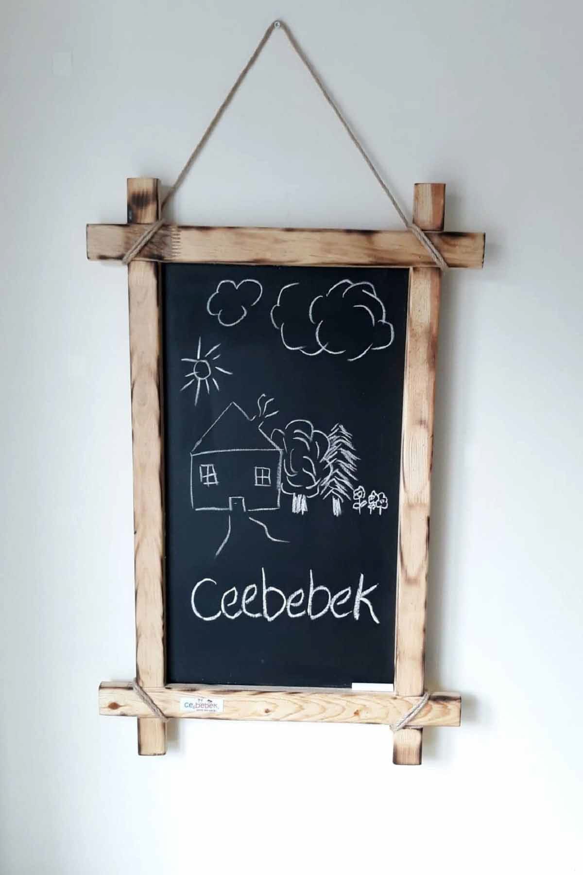 Ceebebek Ahşap Yazı Tahtası İpli Askılı Çerçeve Menü Not Panosu Tebeşir Kara Tahta CEEIPYZTH7050