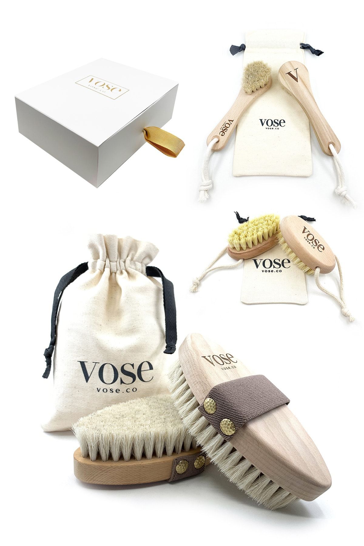 Vose 3' lü Set Doğal At Kılı Selülit Fırçası (Begonia) + Yüz Fırçası + Tırnak Fırçası