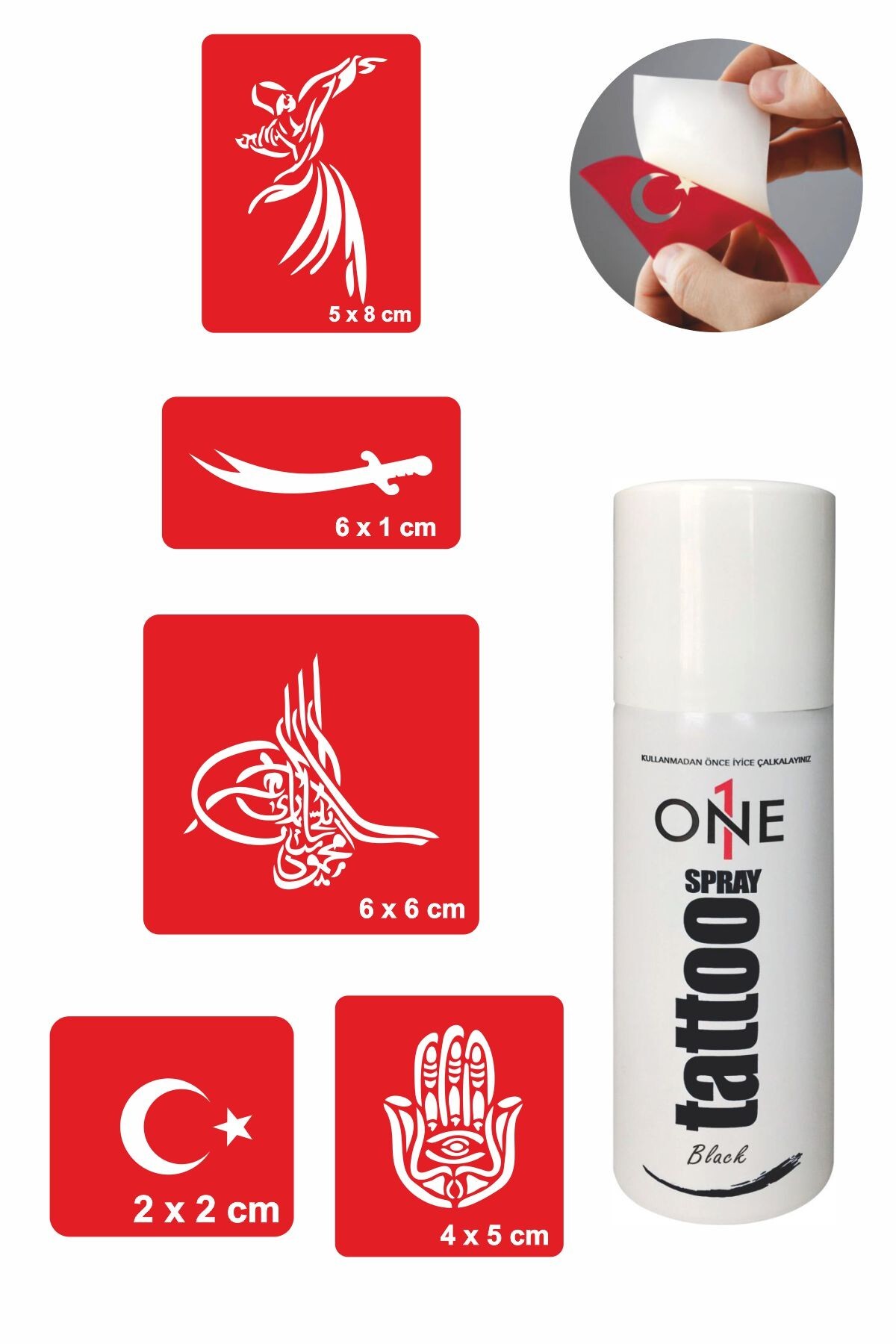 ONE SPRAY TATTOO Türk Bayrağı Osmanlı Geçici Dövme Seti Siyah Sprey Ve 5 Desen