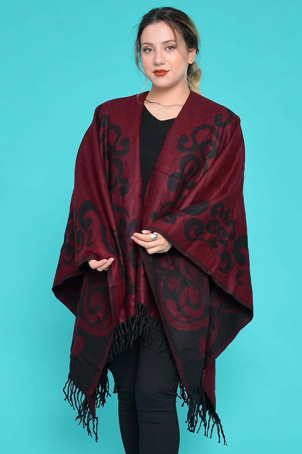 Mossta Elsie Çift Taraflı Jakarlı Şal Panço