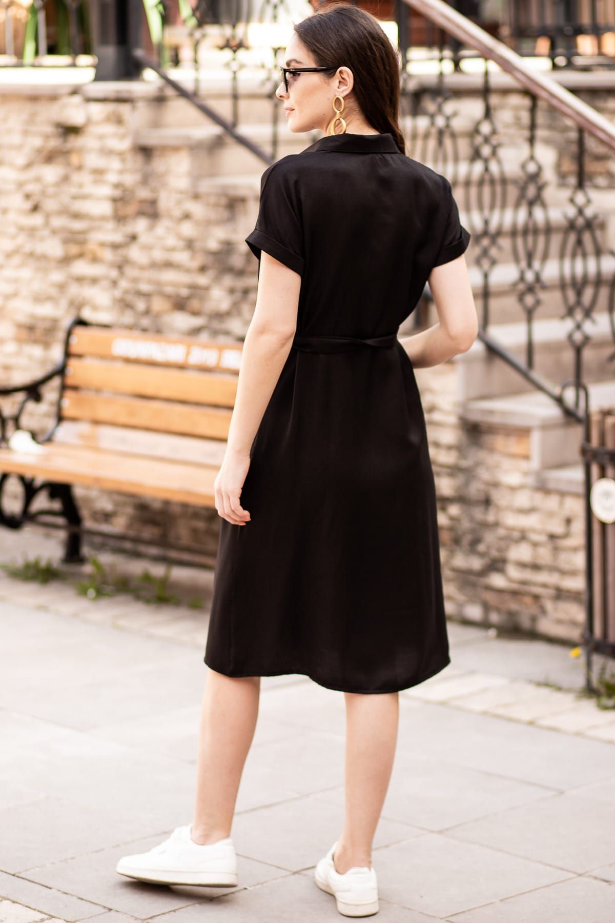 Kadın Siyah Beli Kemerli Kısa Kol Gömlek Elbise ARM-19Y001068