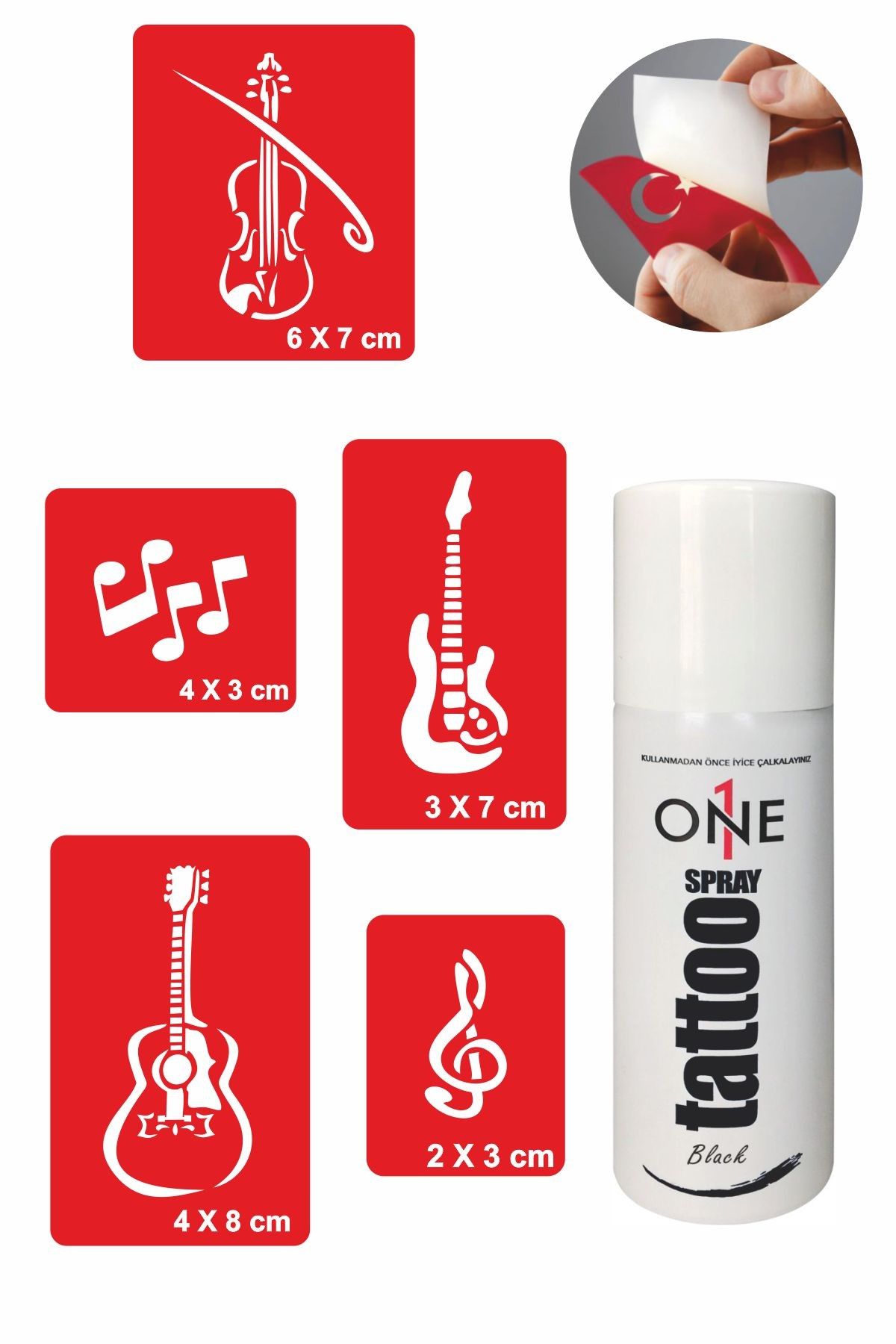 ONE SPRAY TATTOO Müzik Ve Nota Dövmesi Geçici Dövme Seti Siyah Sprey Ve 5 Desen