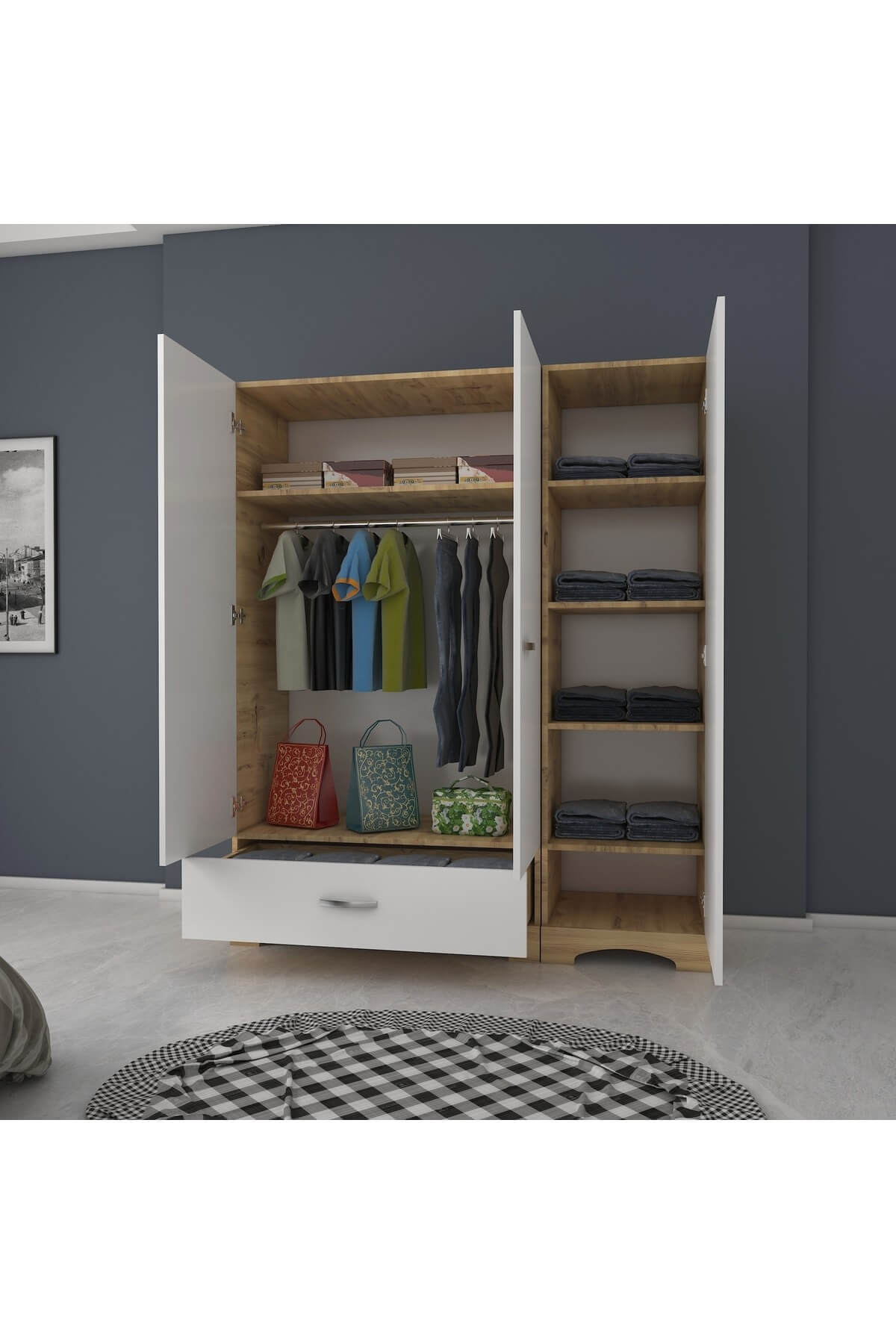 rani mobilya f4 genis gardirop elbise dolabi 3 kapili 1 cekmeceli 1 askili 6 rafli ceviz beyaz fiyati yorumlari trendyol