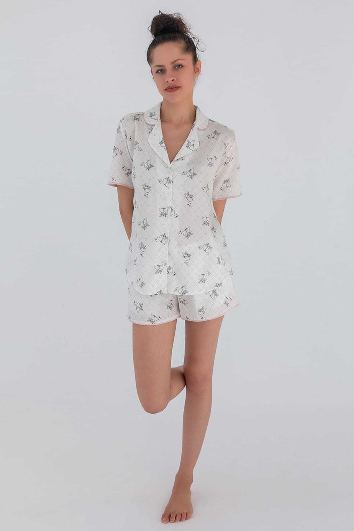 Hays Kadın Gri Baskılı Gömlek Model Kısa Kollu Pamuk Saten Pijama Üstü
