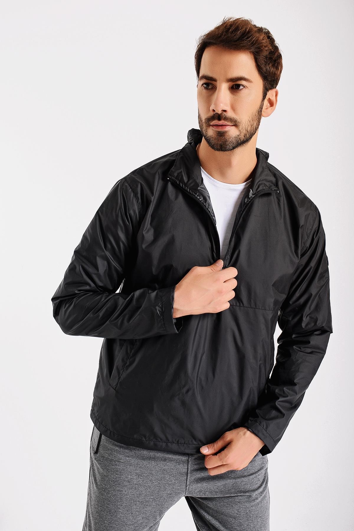 CHUBA Erkek Siyah Kapüşonlu Yarım Fermuarlı Spor Yağmurluk 21w702